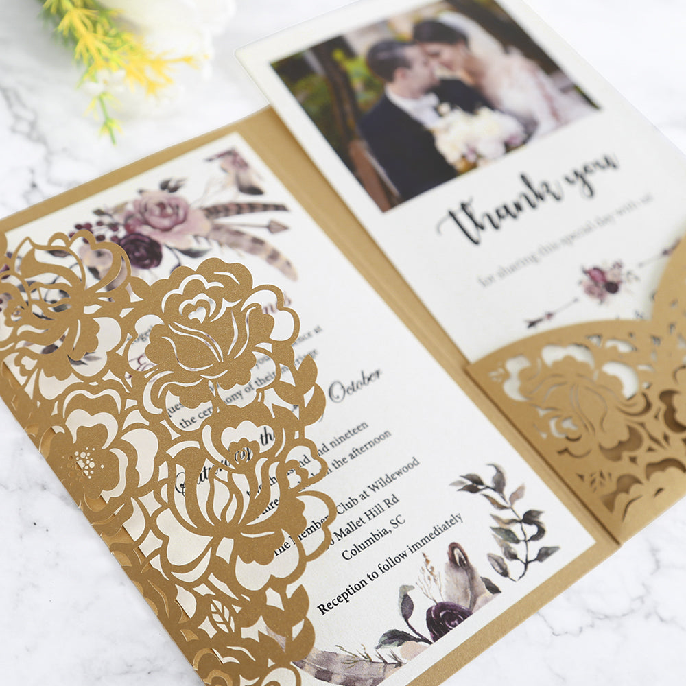 Gold Floral Laser cut invitation cards for Wedding, Anniversary - DorisHome