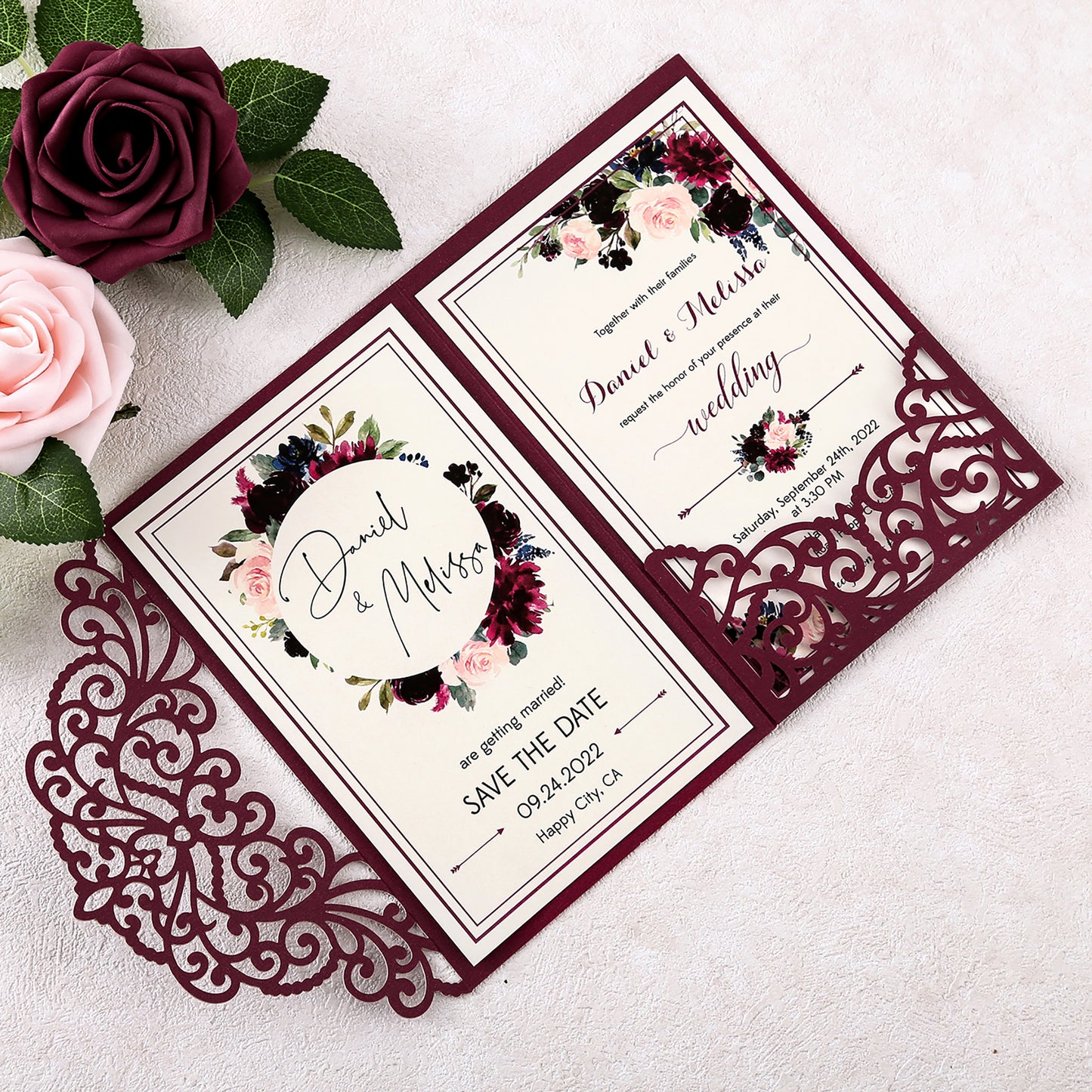 DreamBuilt 4.7 x7 inch Burgundy Laser Cut Wedding Invitations With Envelopes Kit Hollow Rose Pocket And Gold Glitter Belly Band for Wedding Bridal Shower Engagement Invite
