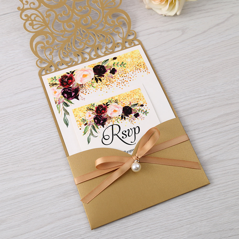 Gold Floral Laser Cut Invitation Card With Belly Band And Pearl For Wedding Anniversary - DorisHome
