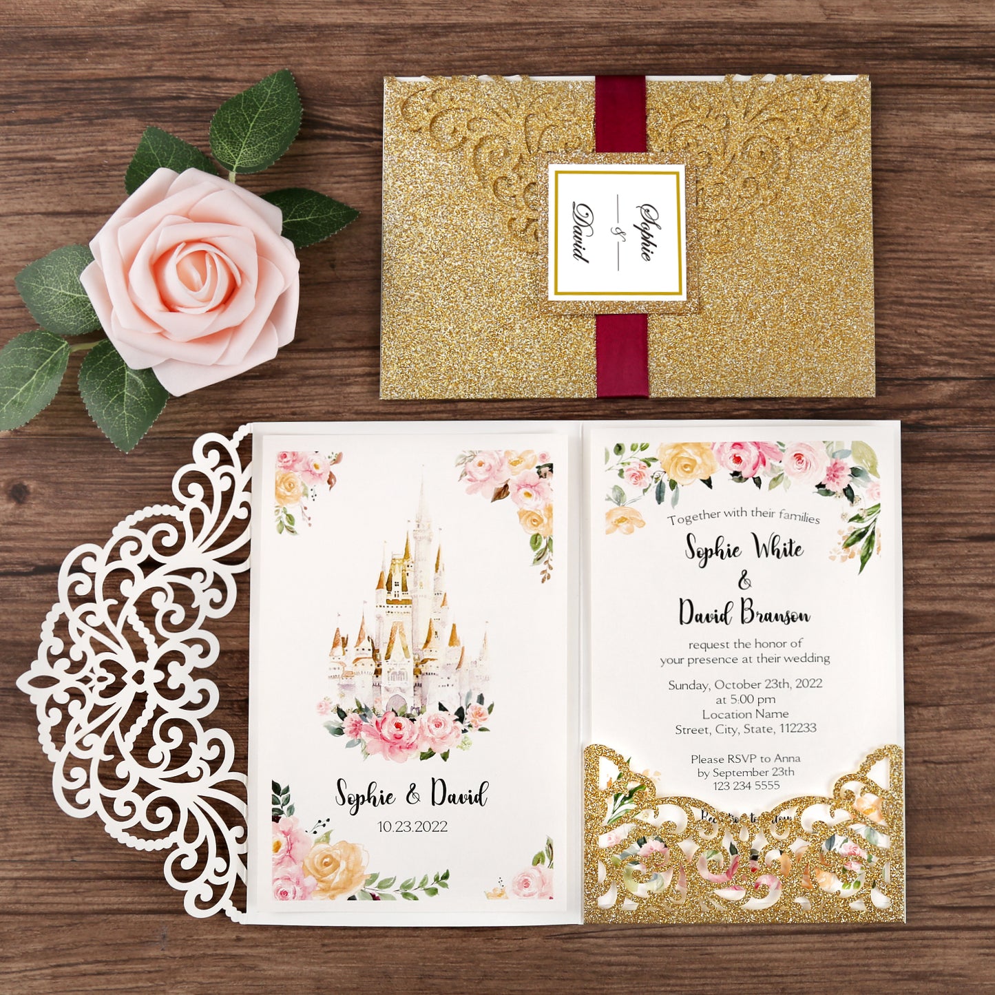 DreamBuilt 4.7 x7 inch Gold Glitter Laser Cut Wedding Invitations With Envelopes Kit Hollow Rose Pocket And Burgundy Ribbon Belly Band for Wedding Bridal Shower Engagement Invite