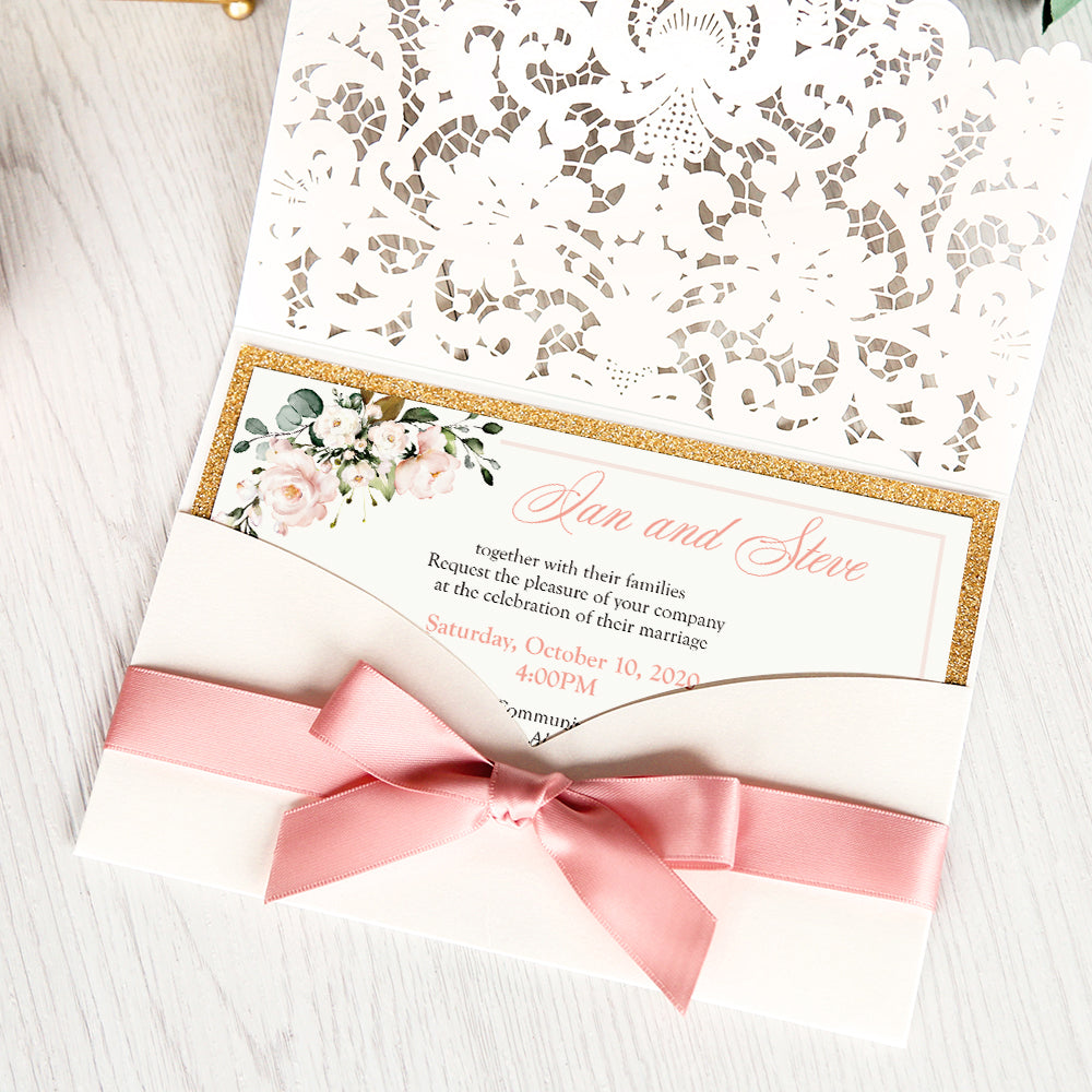 White Hollow Flora Laser Cut Invitations with Gold Glitter Border and Pink Ribbons for wedding,bridal shower - DorisHome