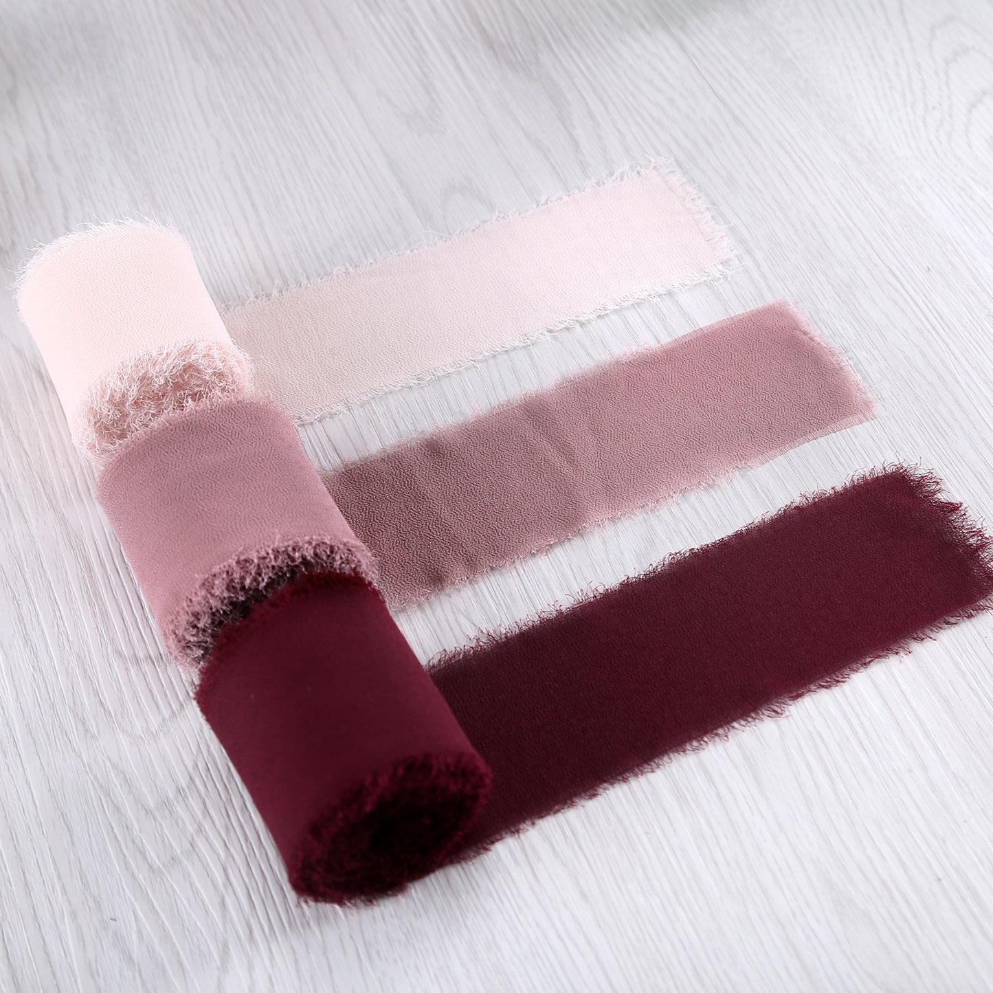 Handmade Fringe Chiffon Silk-Like Ribbon 2" x 7Yd Set of 3 Rolls Ribbons for Wedding Invitations, Bouquets, Gift Wrapping (3 Rolls Burgundy/Mauve/Pink)