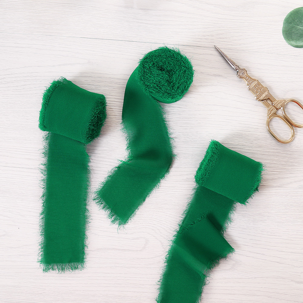 Handmade Fringe Chiffon Silk-Like Ribbon 2" x 7Yd Set of 3 Rolls Ribbons for Wedding Invitations, Bouquets, Gift Wrapping (3 Rolls Light Green) - DorisHome