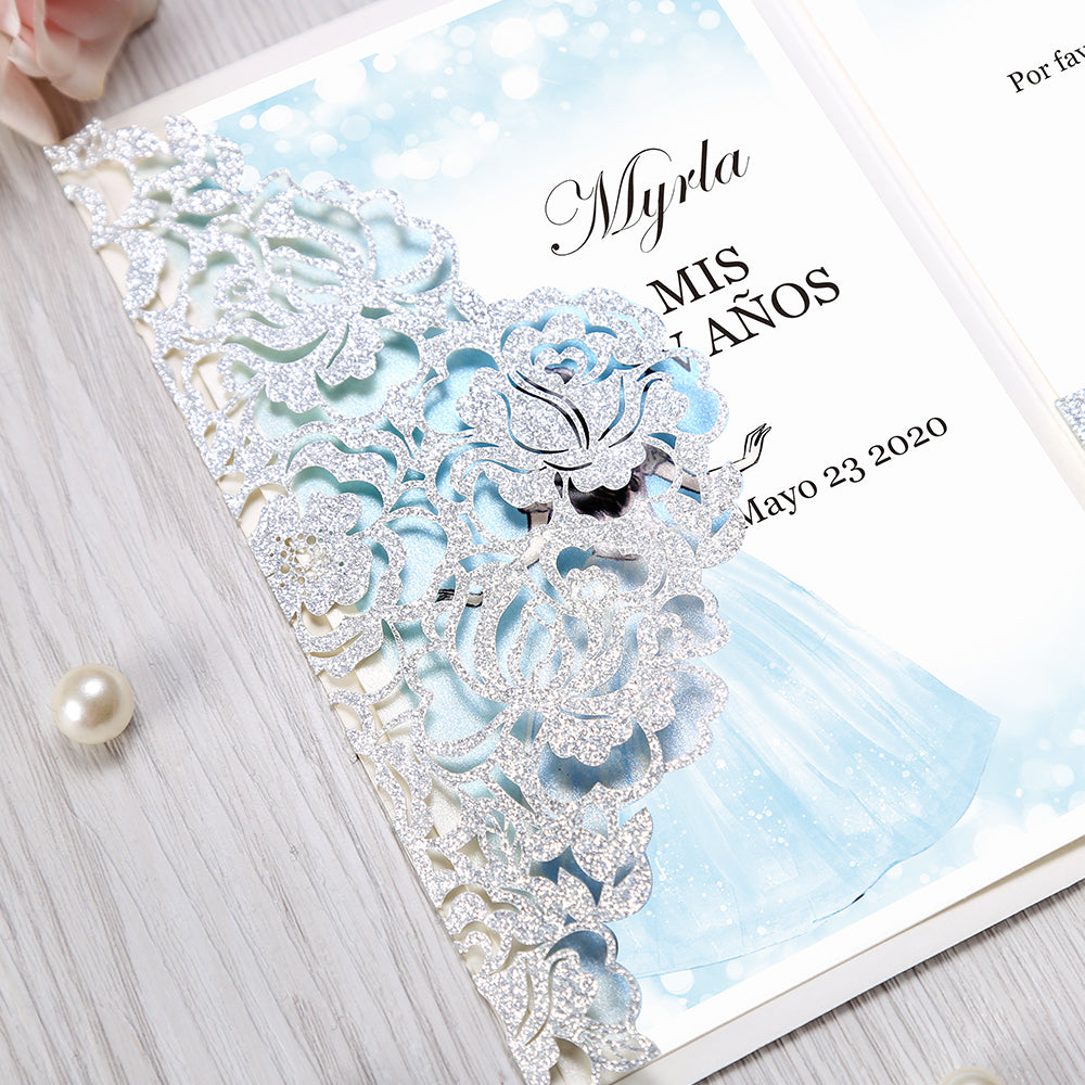 Glitter Silver Floral Laser cut invitation cards for Quinceanera - DorisHome