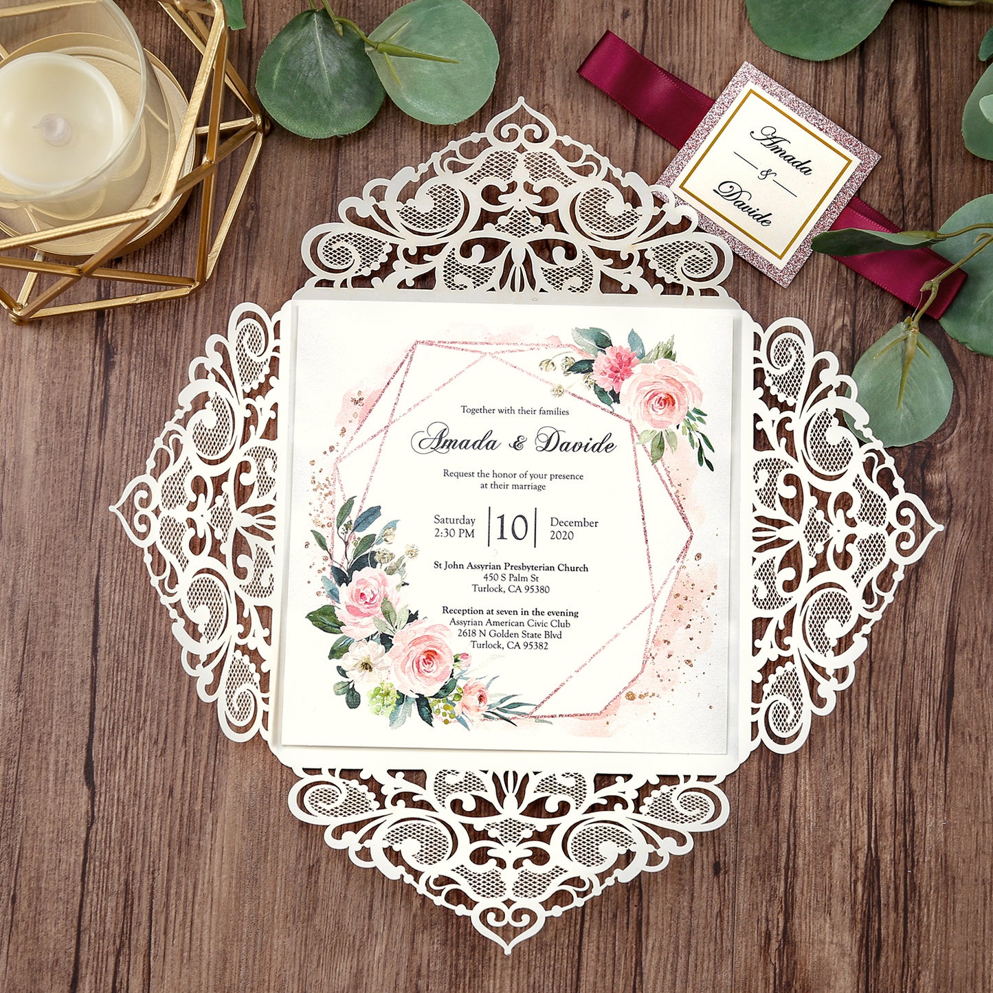 Square Rose Gold Glitter Wedding Invitations with Glitter Belly Band for Wedding - DorisHome