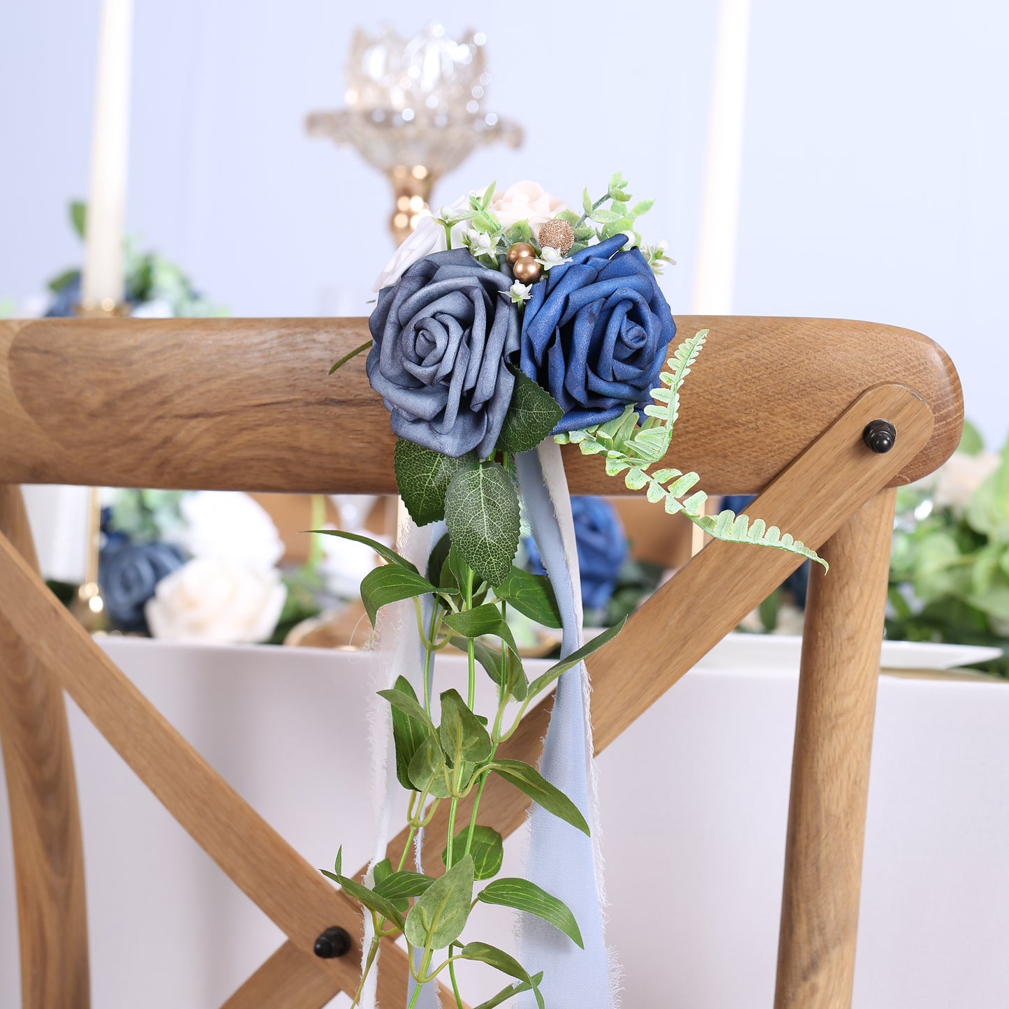 Wedding Aisle Decorations Blue Pew Flowers Set of 10 for Wedding Ceremony Party Chair Decor with Artificial Flowers Eucalyptus and Ribbons