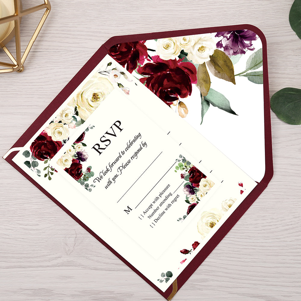 Pocket Burgundy Wedding Invitations Greeting Cards - DorisHome