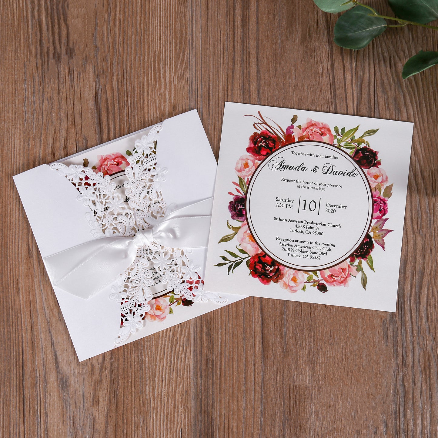 Laser cut Ivory White Hollow Flora Wedding Invitation with Bowknot
