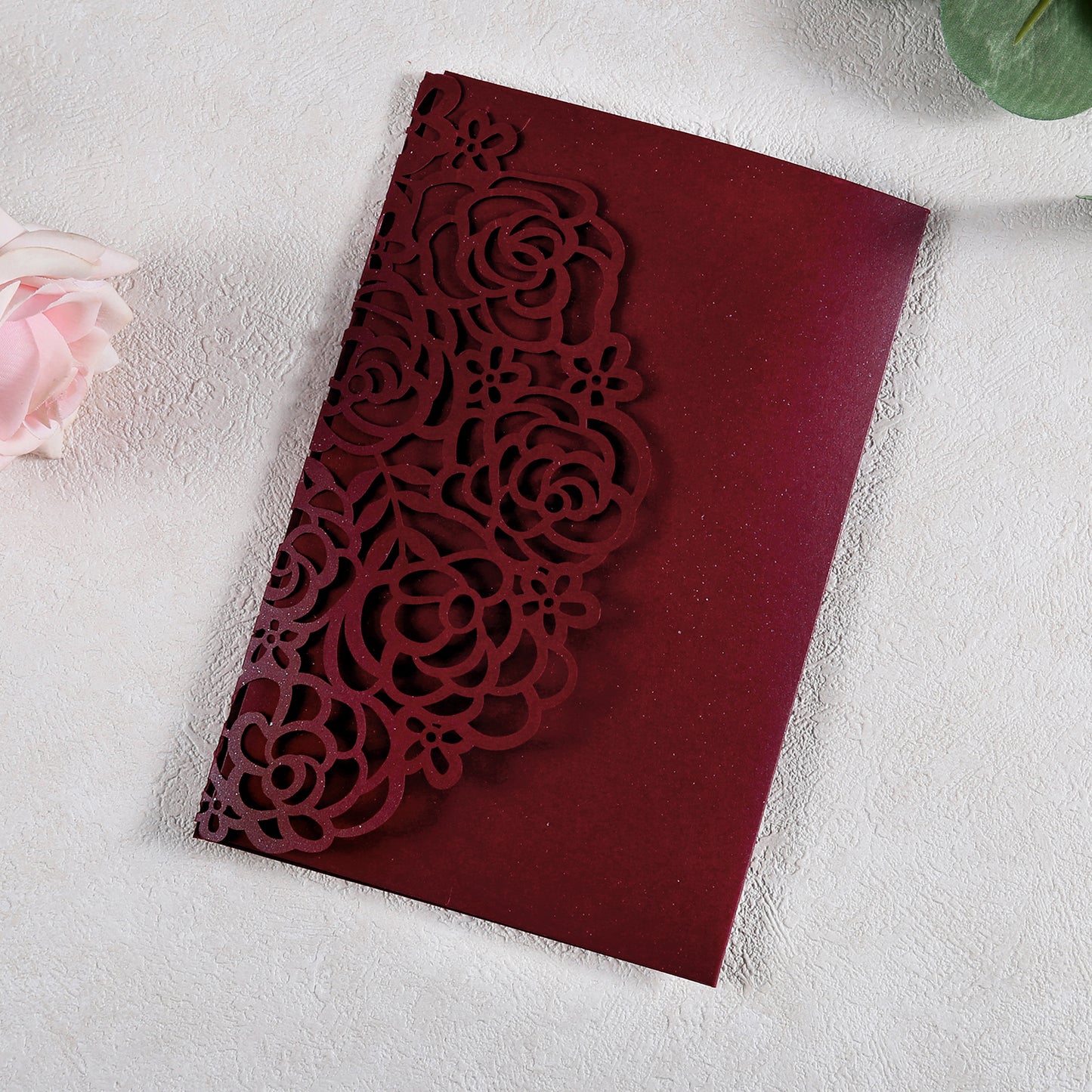4.7 x7 inch Burgundy Laser Cut Hollow Rose Wedding Invitations Cards with Pearlized Pockets and Envelopes for Wedding Bridal Shower - DorisHome