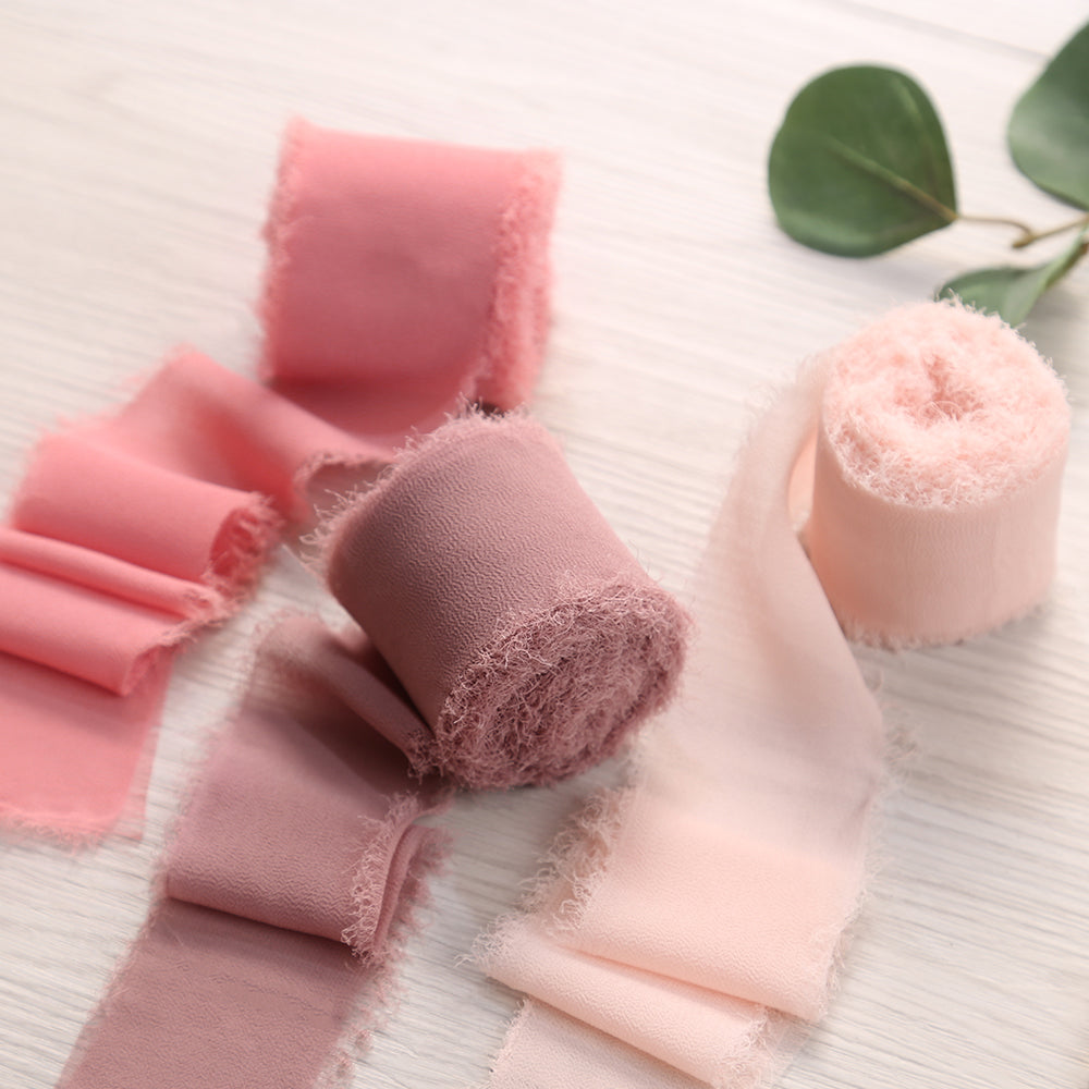 Handmade Fringe Chiffon Silk-Like Ribbon 2" x 7Yd Set of 3 Rolls Ribbons for Wedding Invitations, Bouquets, Gift Wrapping (3 Rolls Dusty Rose/Mauve/Pink) - DorisHome