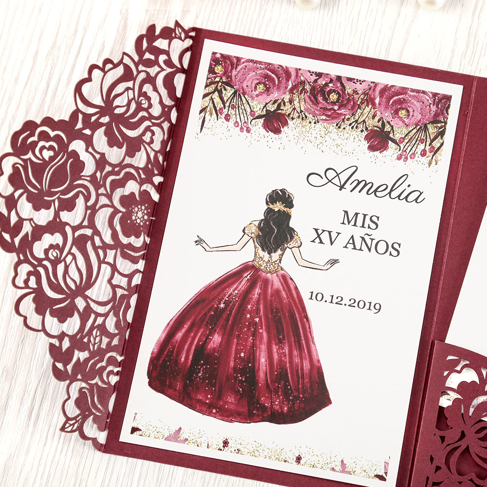 Burgundy Floral Laser cut invitation cards for Quinceanera - DorisHome