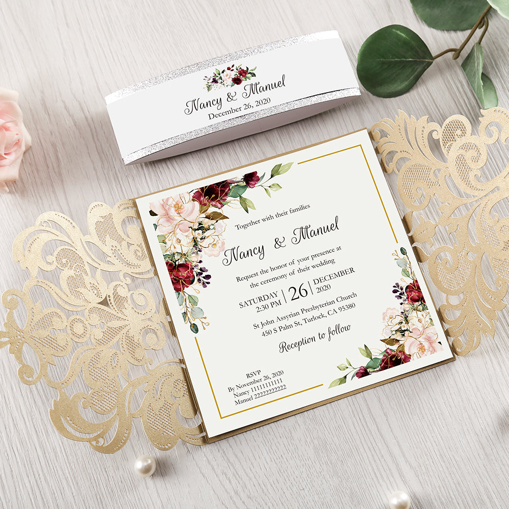 Square Gold Wedding Invitations with Belly Band for Wedding, Bridal Shower, Dinner - DorisHome