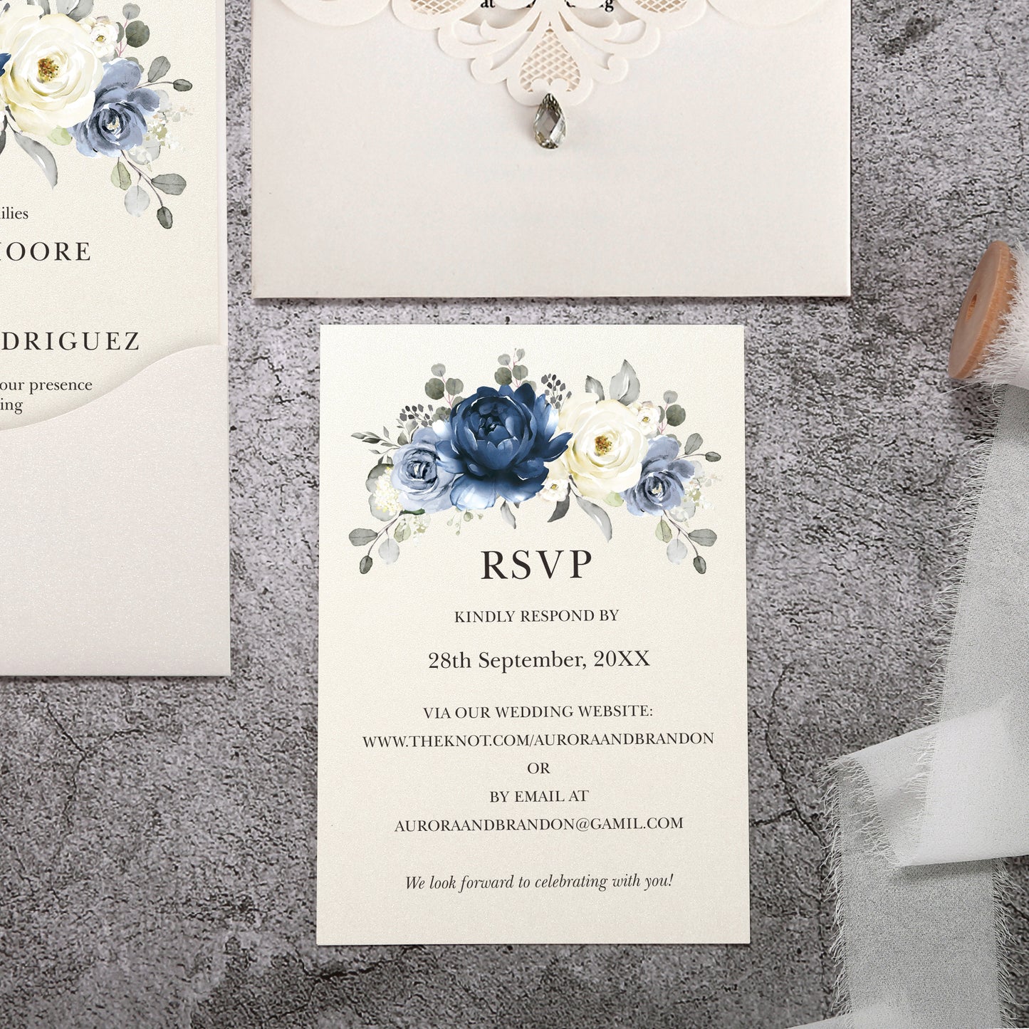 Vertical Blue Floral Laser cut invitations for Wedding Anniversary