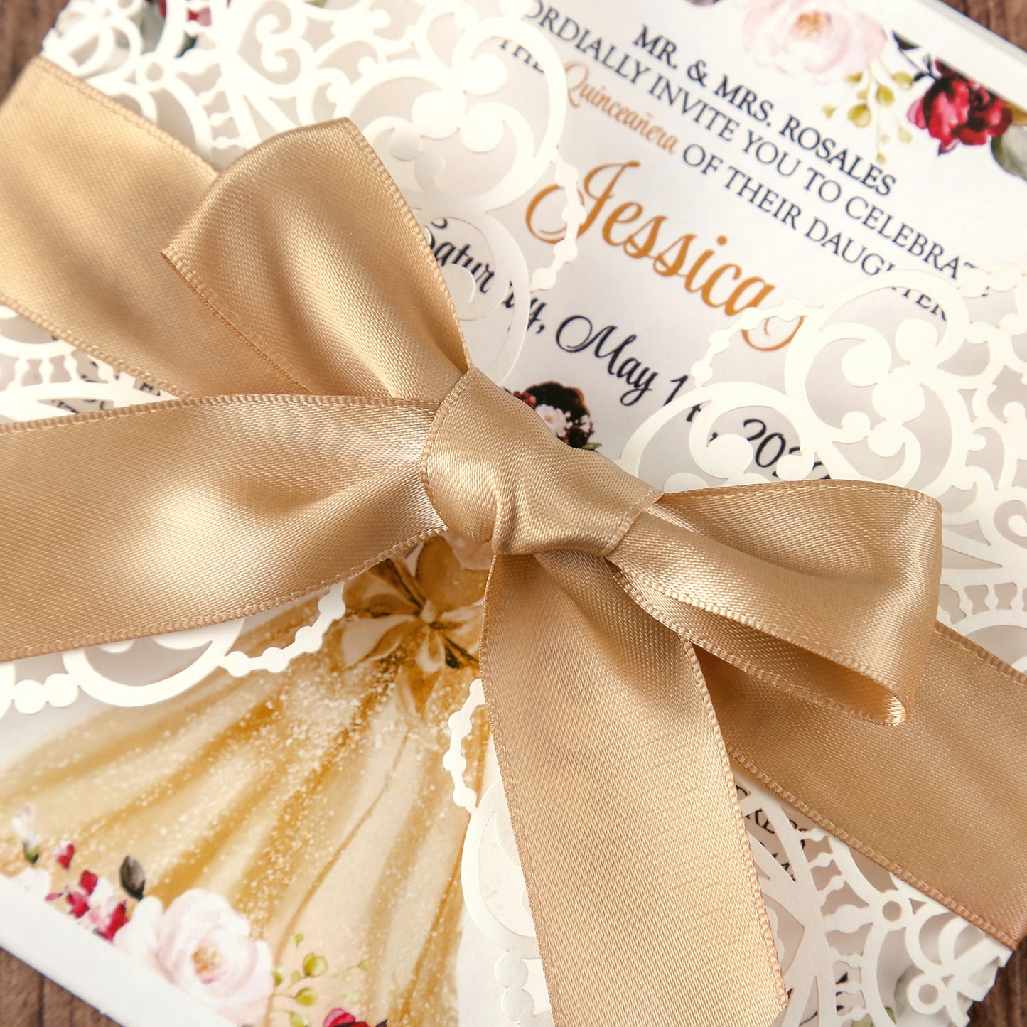 Square Wedding Invitations Cards with Gold Ribbon For Quinceanera - DorisHome