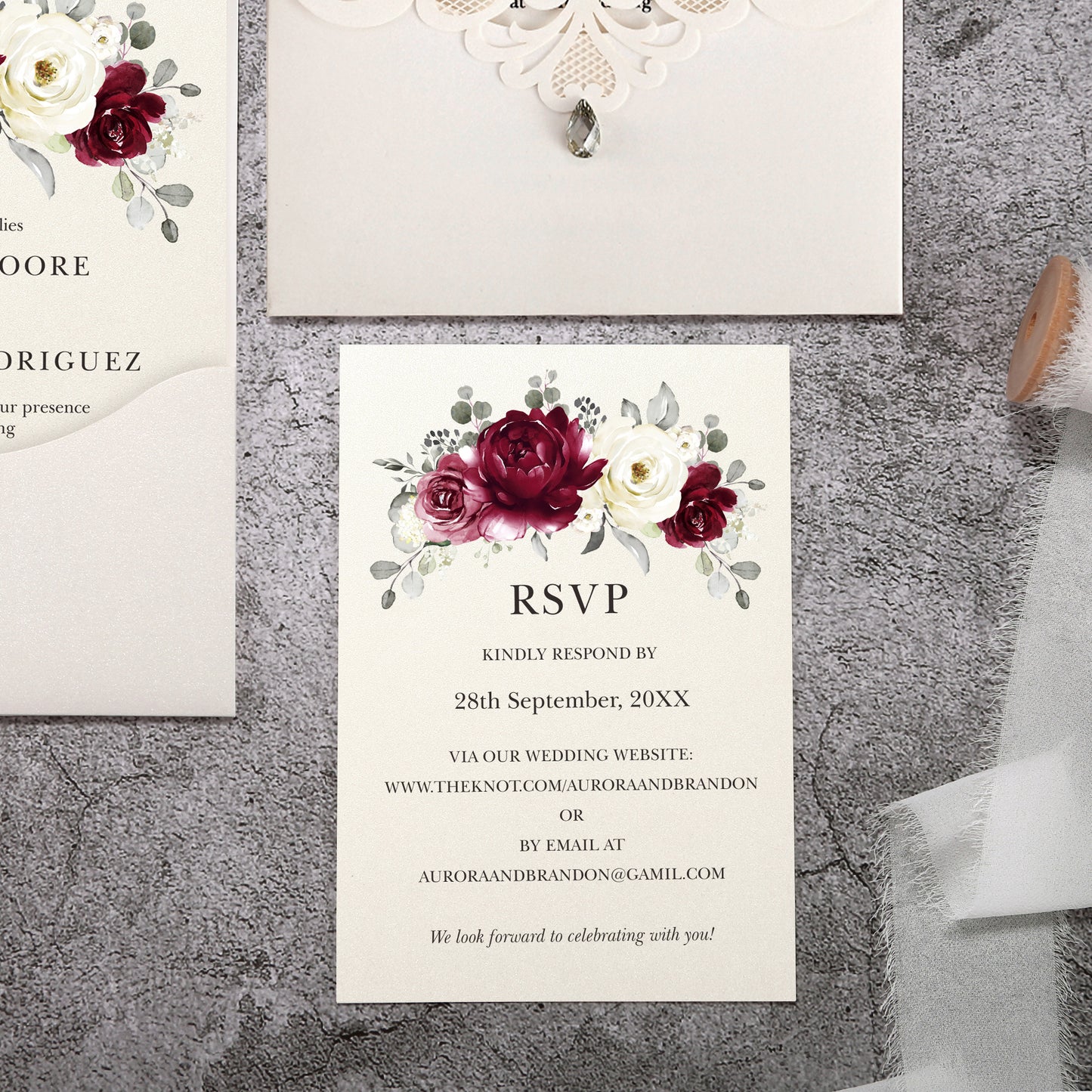 Vertical Burgundy Floral Laser cut invitations for Wedding Anniversary