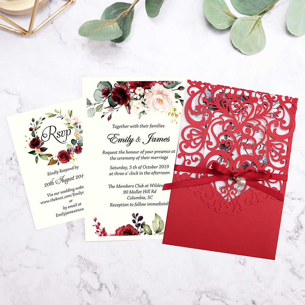 DreamBuilt Red Floral Laser cut invitation cards with ribbon belly band and pearl for Wedding