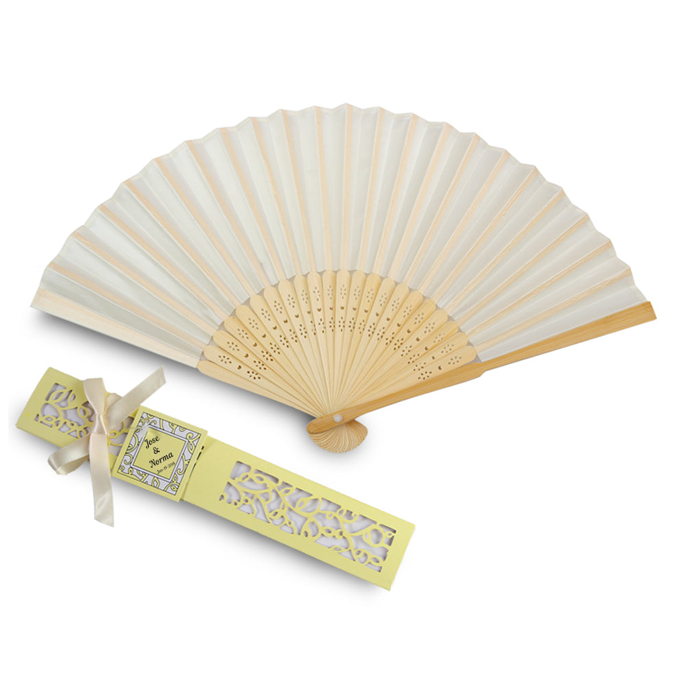 50pcs Satin Silk Folding Hand Held Bamboo Fans with Names for Summer Wedding Favor, Ivory - DorisHome
