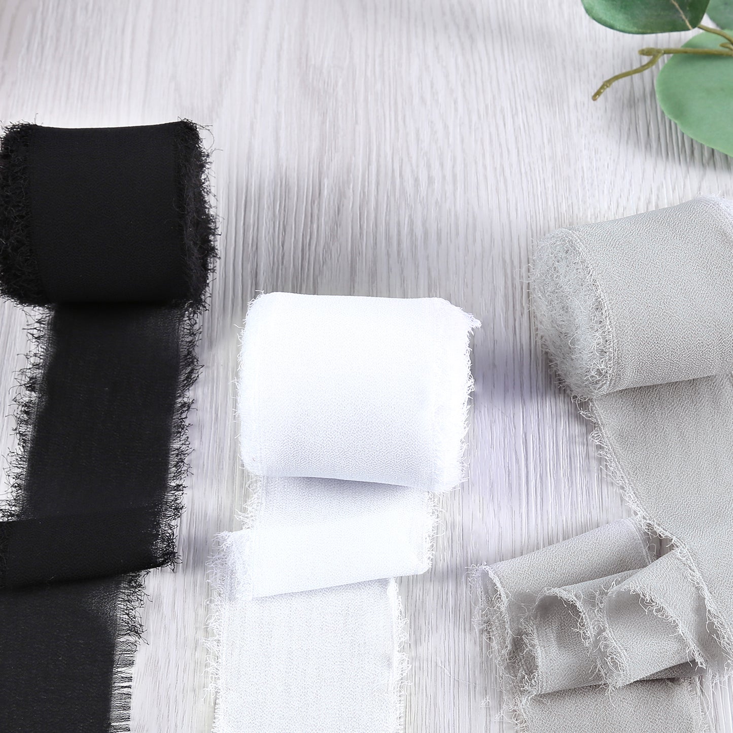 Handmade Fringe Chiffon Silk-Like Ribbon 2" x 7Yd Set of 3 Rolls Ribbons for Wedding Invitations, Bouquets, Gift Wrapping (3 Rolls Black/White/Light Grey)