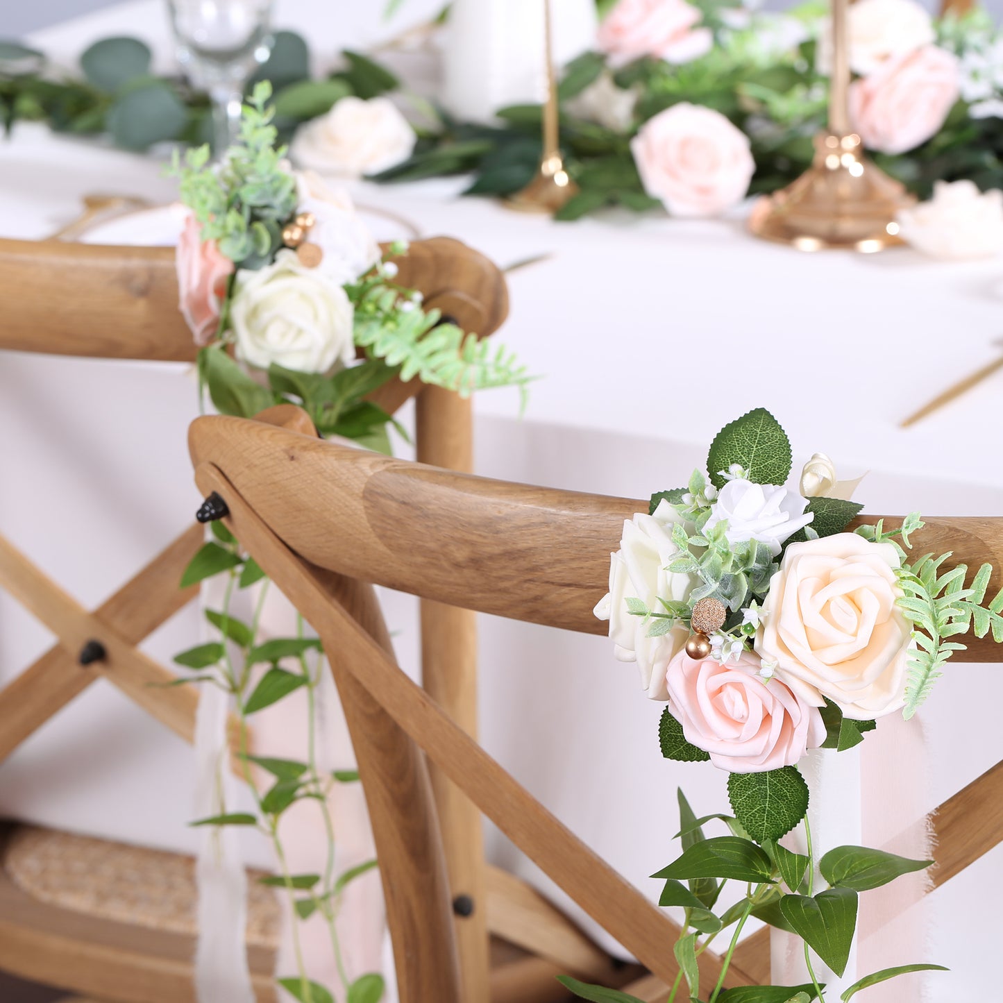 Wedding Aisle Decorations Pink Pew Flowers Set of 10 for Wedding Ceremony Party Chair Decor with Artificial Flowers Eucalyptus and Ribbons