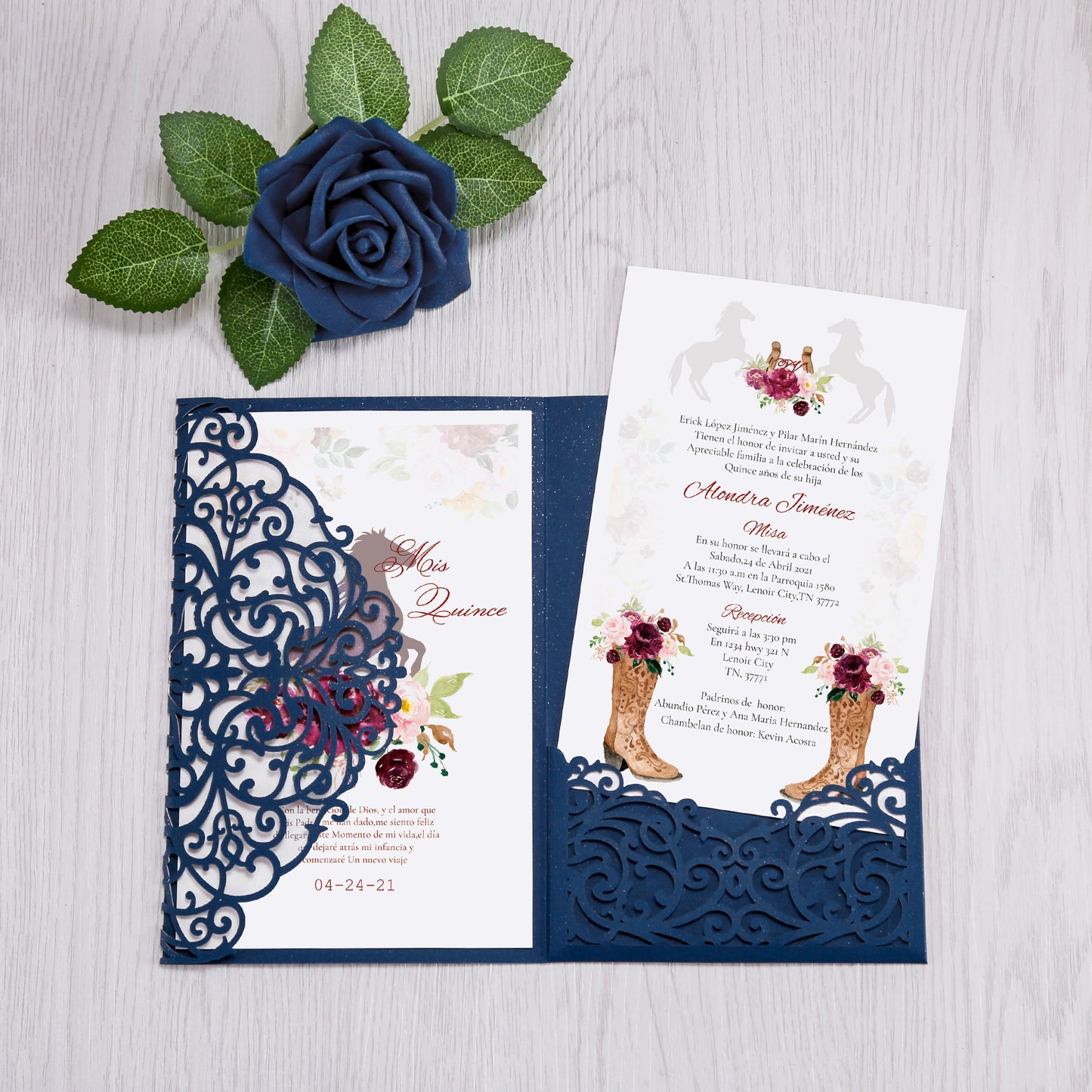 4.7 x7 inch Blue Laser Cut Hollow Rose Quinceanera Invitations Cards with Envelopes for Birthday Sweet 16