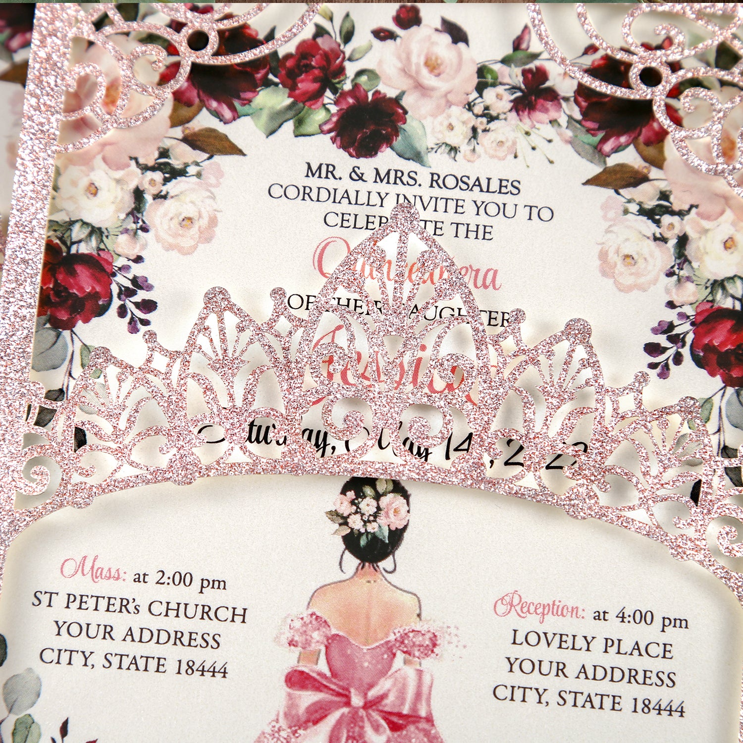 Rose Gold Glitter Invitations Greeting Cards For Quinceanera - DorisHome