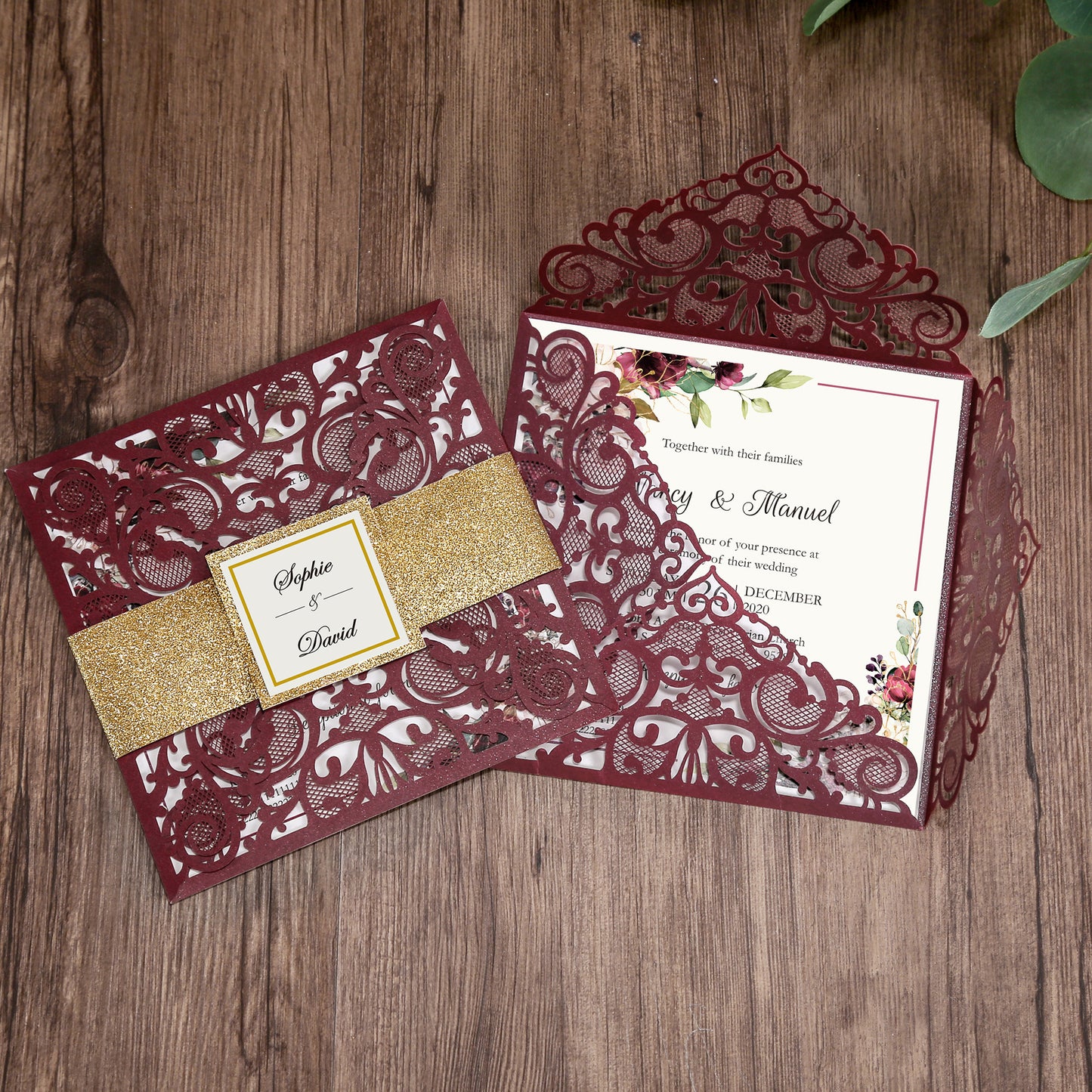 DreamBuilt Square Burgundy Wedding Invitations with Gold Glitter Belly Band for Wedding