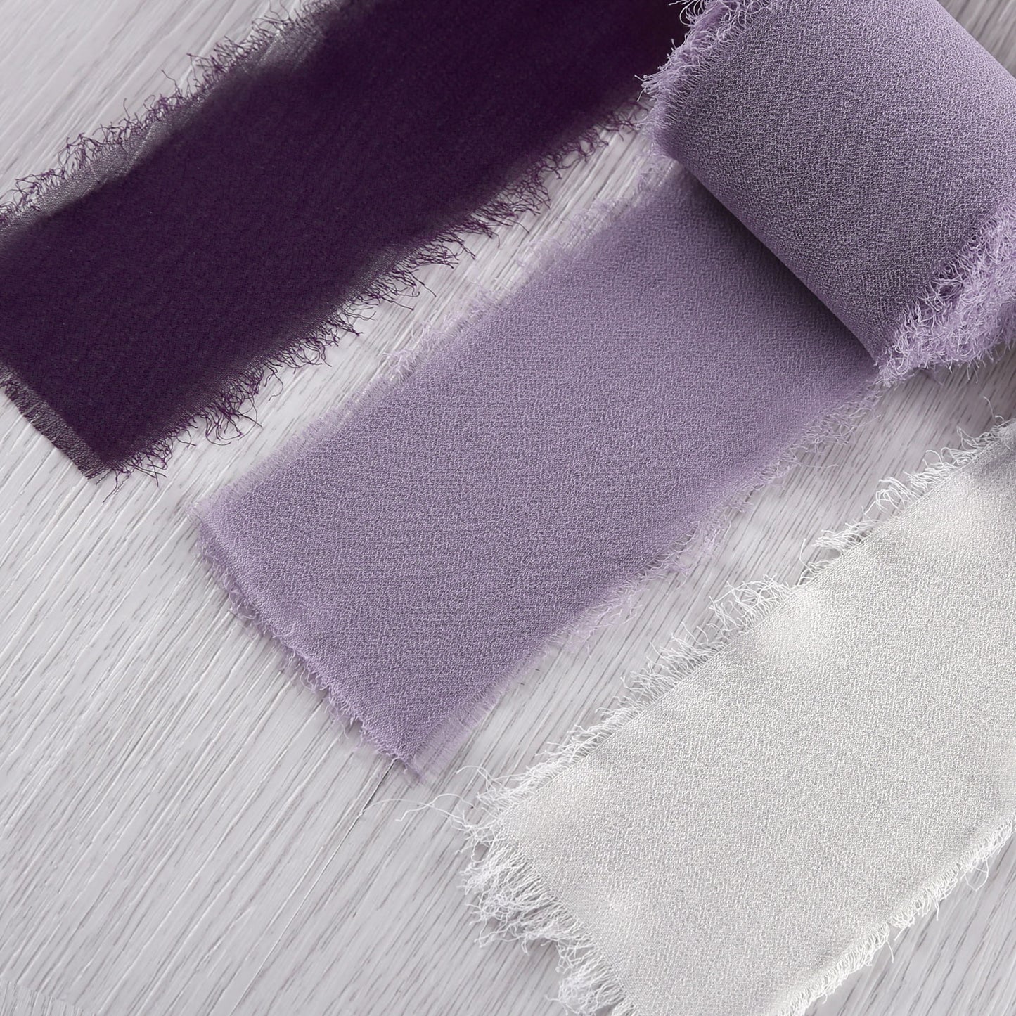 Handmade Fringe Chiffon Silk-Like Ribbon 2" x 7Yd Set of 3 Rolls Ribbons for Wedding Invitations, Bouquets, Gift Wrapping (3 Rolls Plum/Pastel Purple/Ivory)