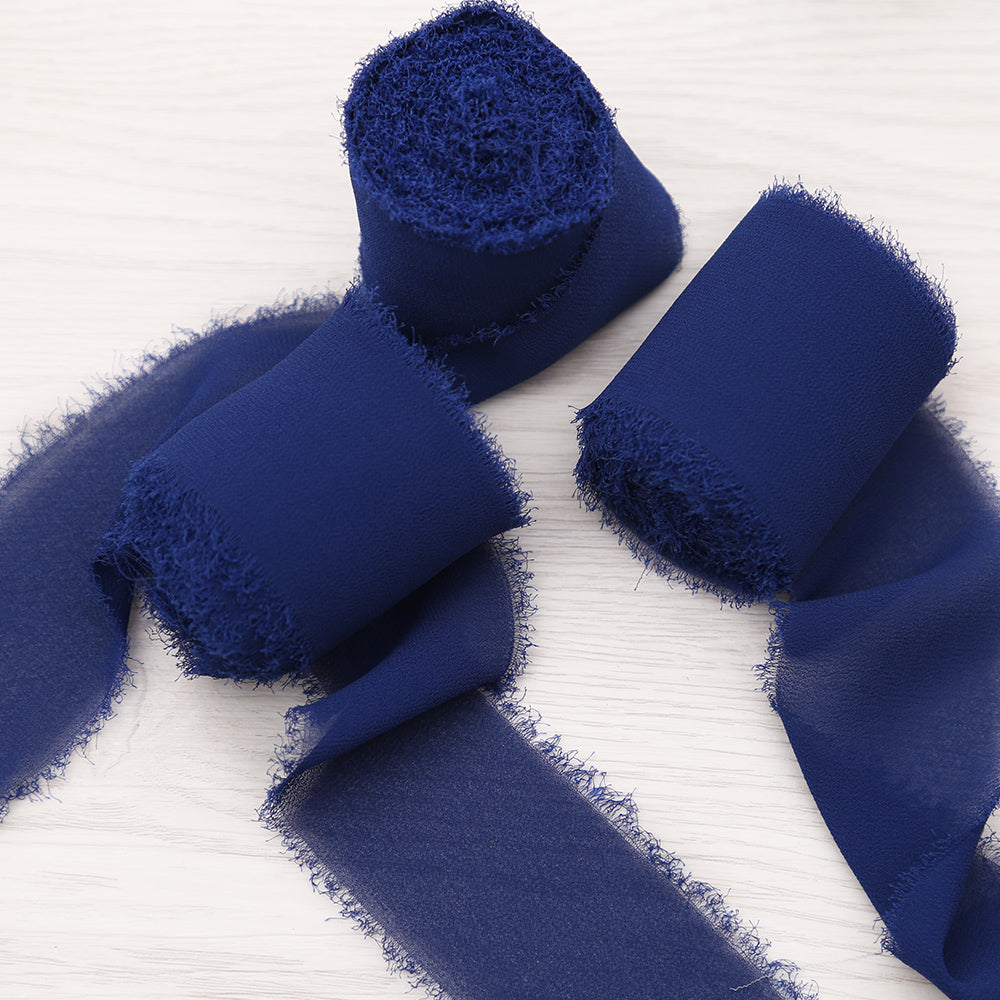 Handmade Fringe Chiffon Silk-Like Ribbon 2" x 7Yd Set of 3 Rolls Ribbons for Wedding Invitations, Bouquets, Gift Wrapping (3 Rolls Navy Blue) - DorisHome