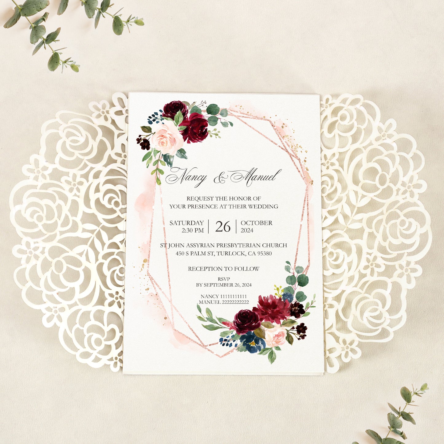 Rose Gold Glitter Floral Laser cut invitation cards with Burgundy Ribbon and Pearl for Wedding Anniversary