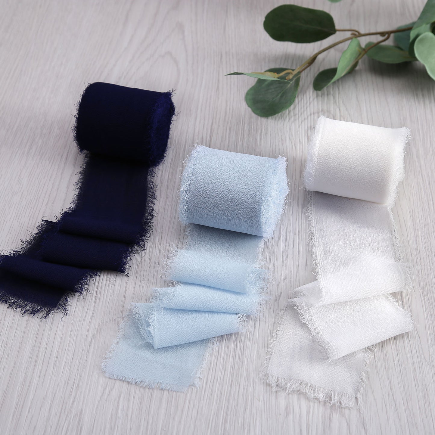 Handmade Fringe Chiffon Silk-Like Ribbon 2" x 7Yd Set of 3 Rolls Ribbons for Wedding Invitations, Bouquets, Gift Wrapping (3 Rolls Dark Navy Blue/Baby Blue/Ivory)