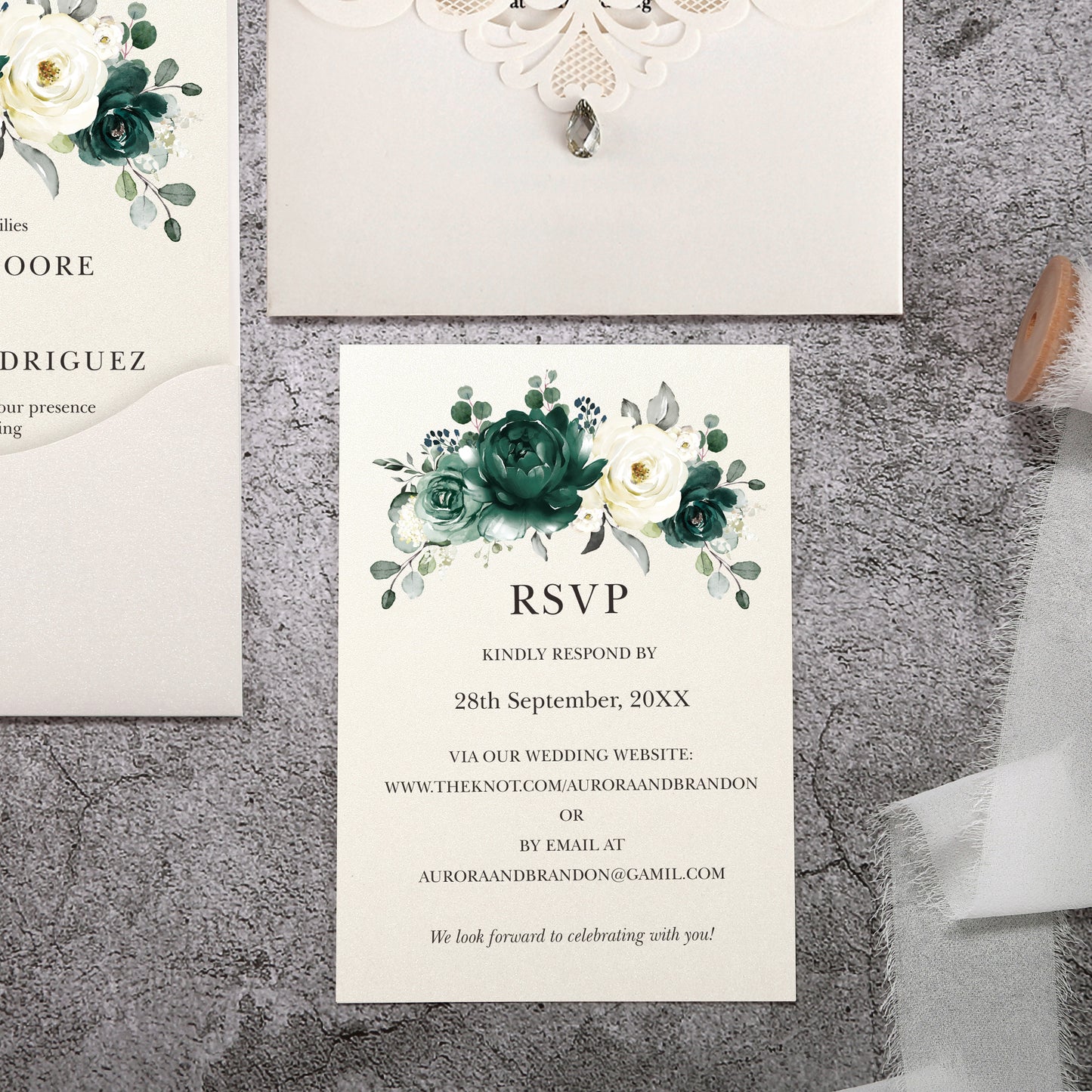 Vertical Green Floral Laser cut invitations for Wedding Anniversary