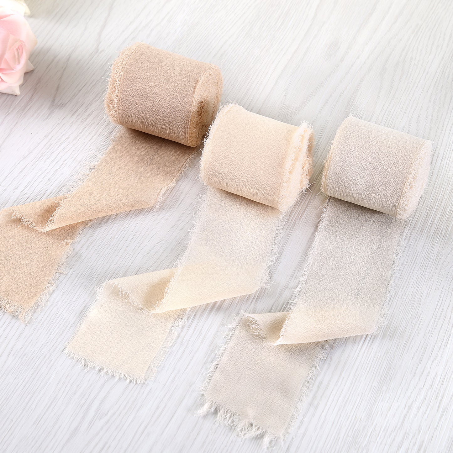 Handmade Fringe Chiffon Silk-Like Ribbon 2" x 7Yd Set of 3 Rolls Ribbons for Wedding Invitations, Bouquets, Gift Wrapping (3 Rolls Nude/Cream/Sand Color)