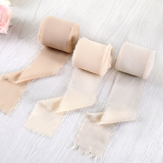 Handmade Fringe Chiffon Silk-Like Ribbon 2" x 7Yd Set of 3 Rolls Ribbons for Wedding Invitations, Bouquets, Gift Wrapping (3 Rolls Nude/Cream/Sand Color)