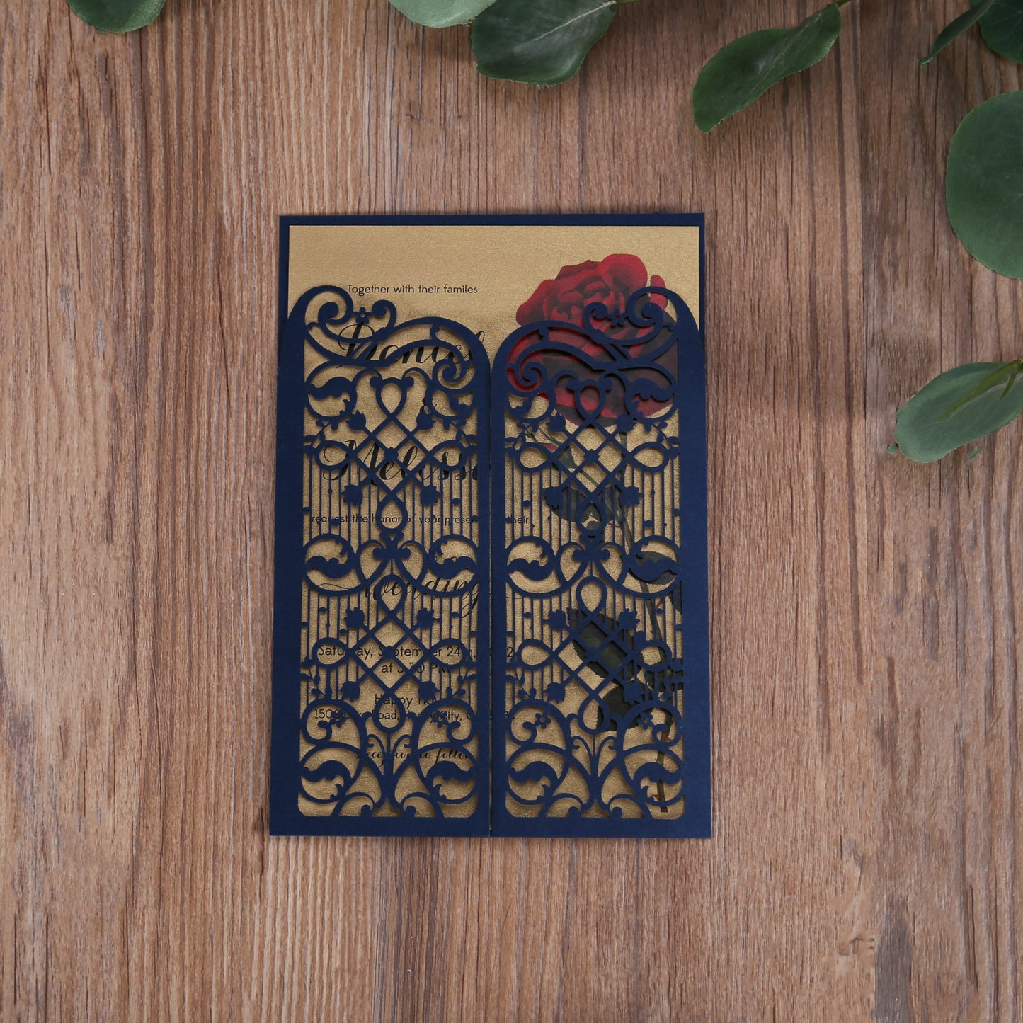 Vertical Navy Blue Elegant Wedding Invitation With Laser Cut Flower, CW5102