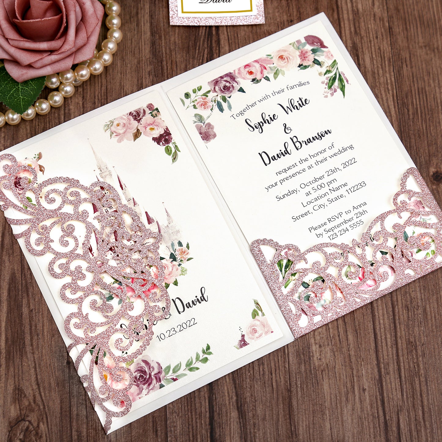 DreamBuilt 4.7 x7 inch Rose Gold Glitter Laser Cut Wedding Invitations With Envelopes Kit Hollow Rose Pocket And Burgundy Ribbon Belly Band for Wedding Bridal Shower Engagement Invite