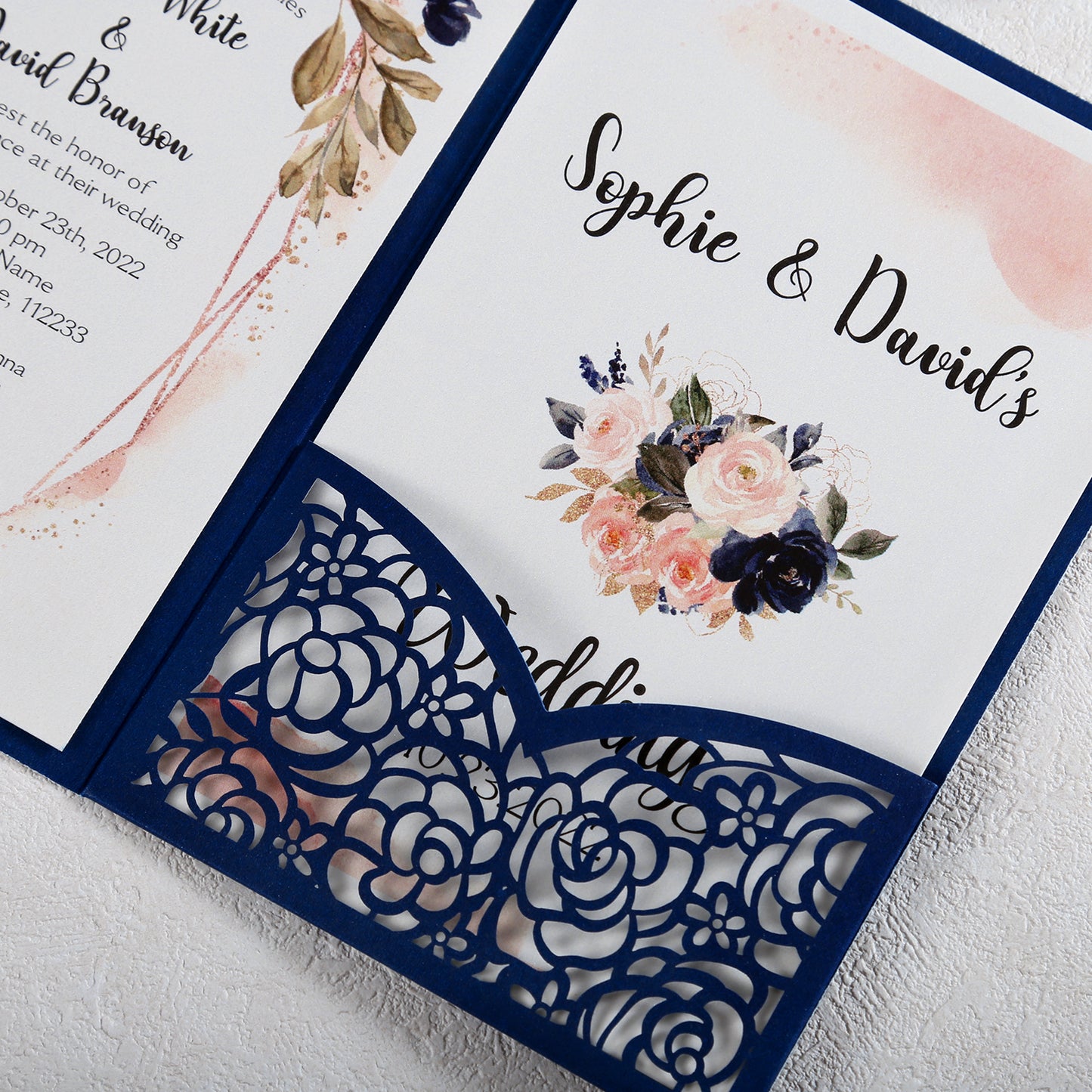 4.7 x7 inch Blue Laser Cut Hollow Rose Wedding Invitations Cards with Pearlized Pockets and Envelopes for Wedding Bridal Shower - DorisHome