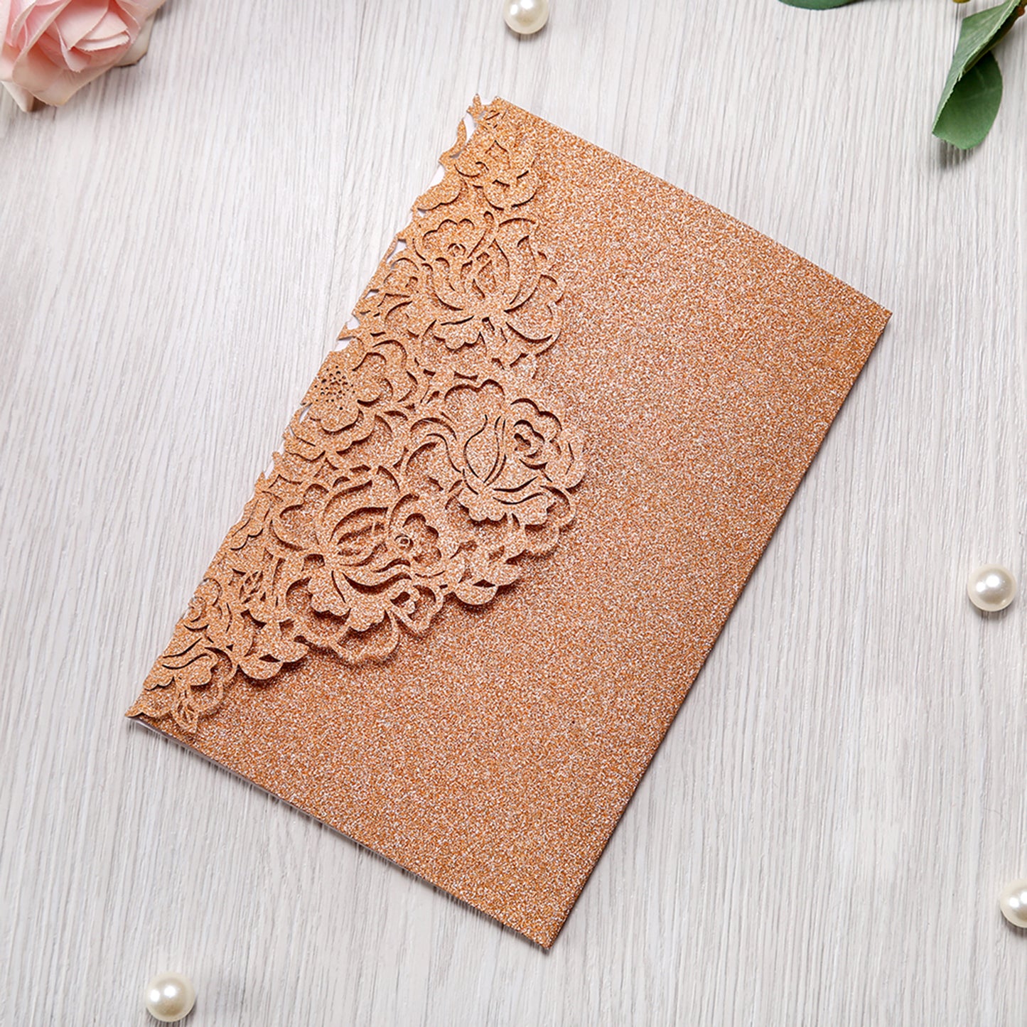 4.7 x7 inch Bronze Glitter Laser Cut Hollow Rose Wedding Invitations Cards with Envelopes