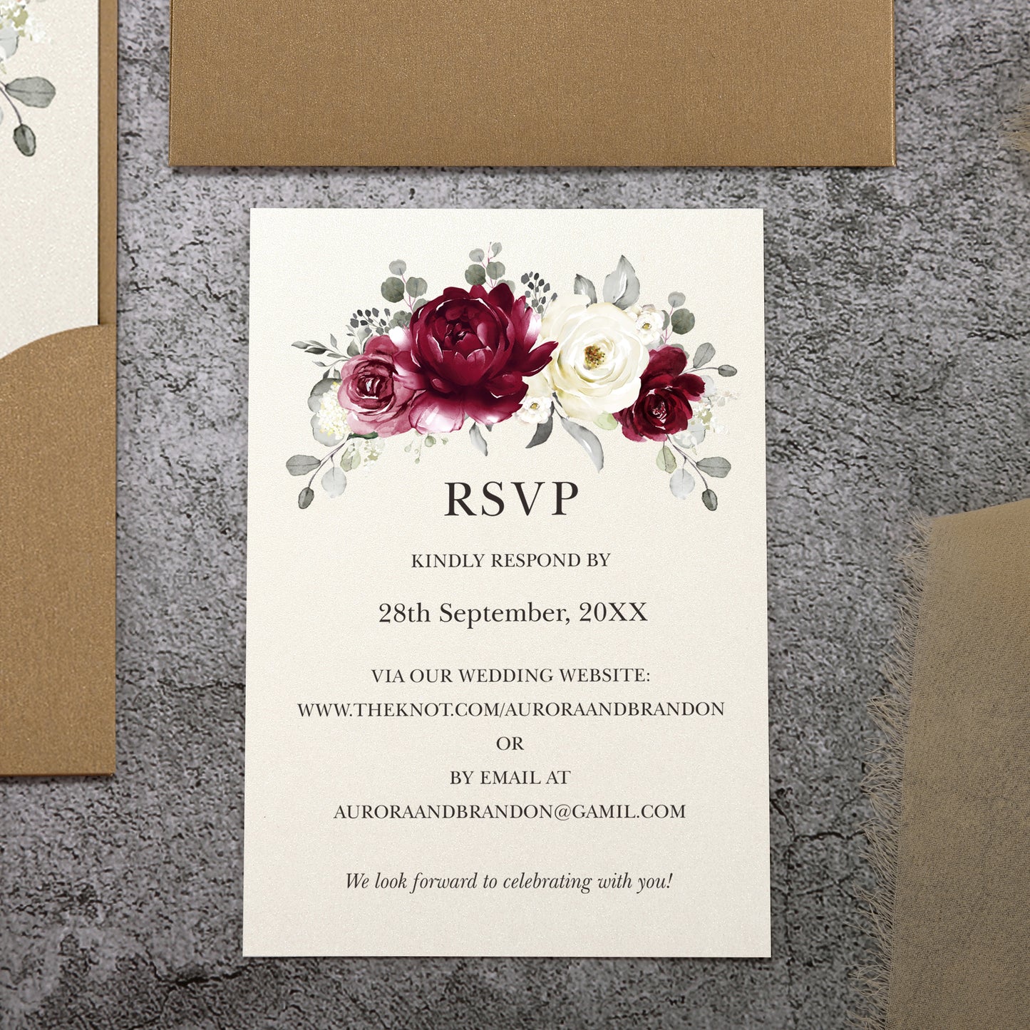 Vertical Burgundy Floral Laser cut invitations for Wedding Anniversary