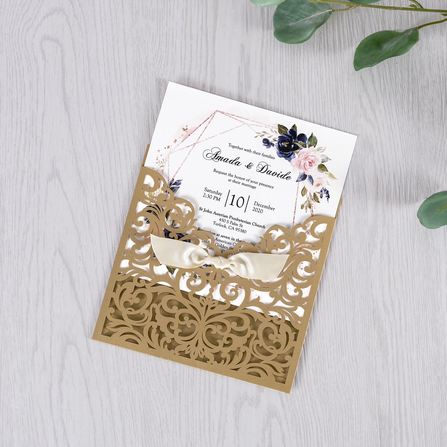 Gold Laser Cut Beige Ribbon Wedding Invitation