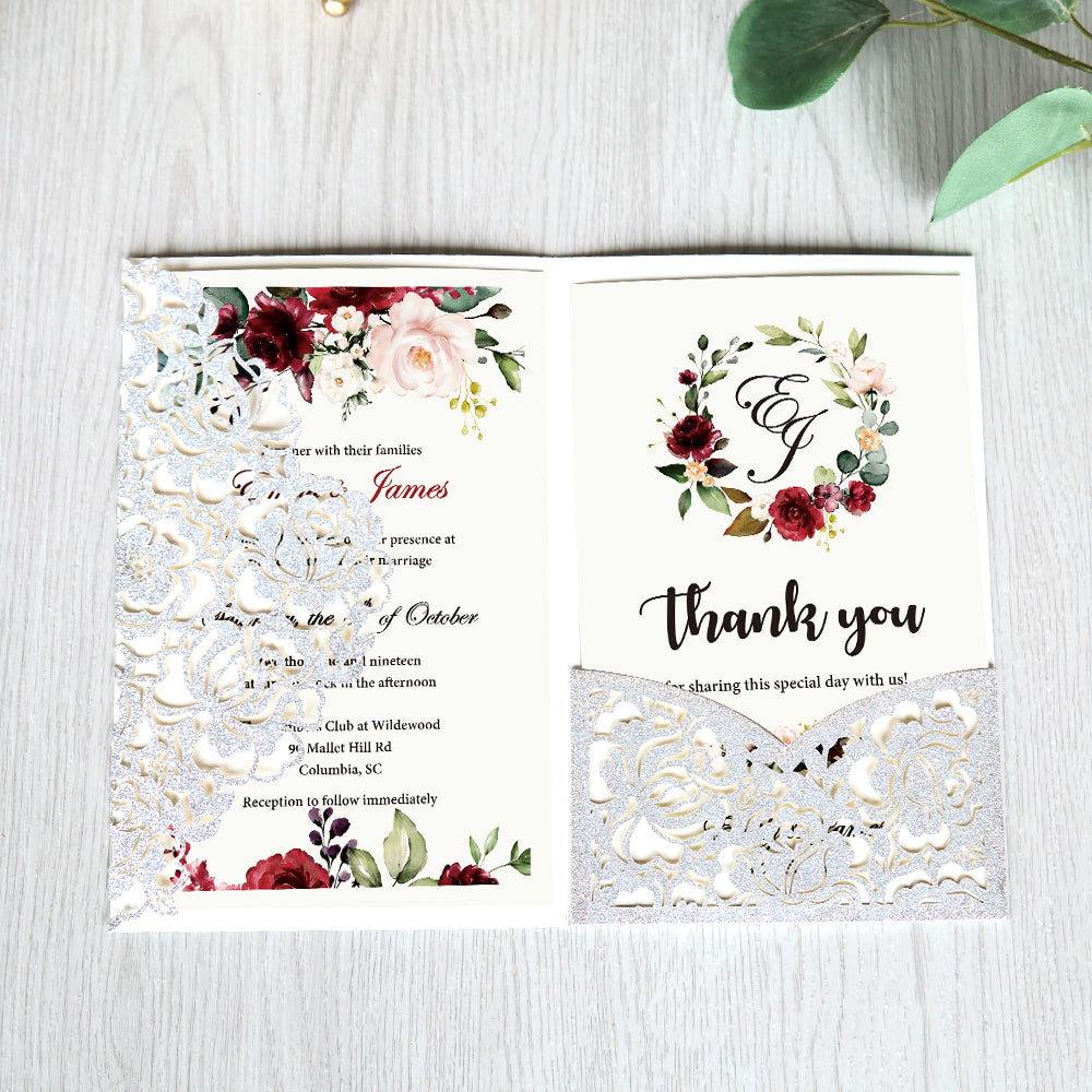 Glitter Silver Floral Laser cut invitation cards for Wedding - DorisHome