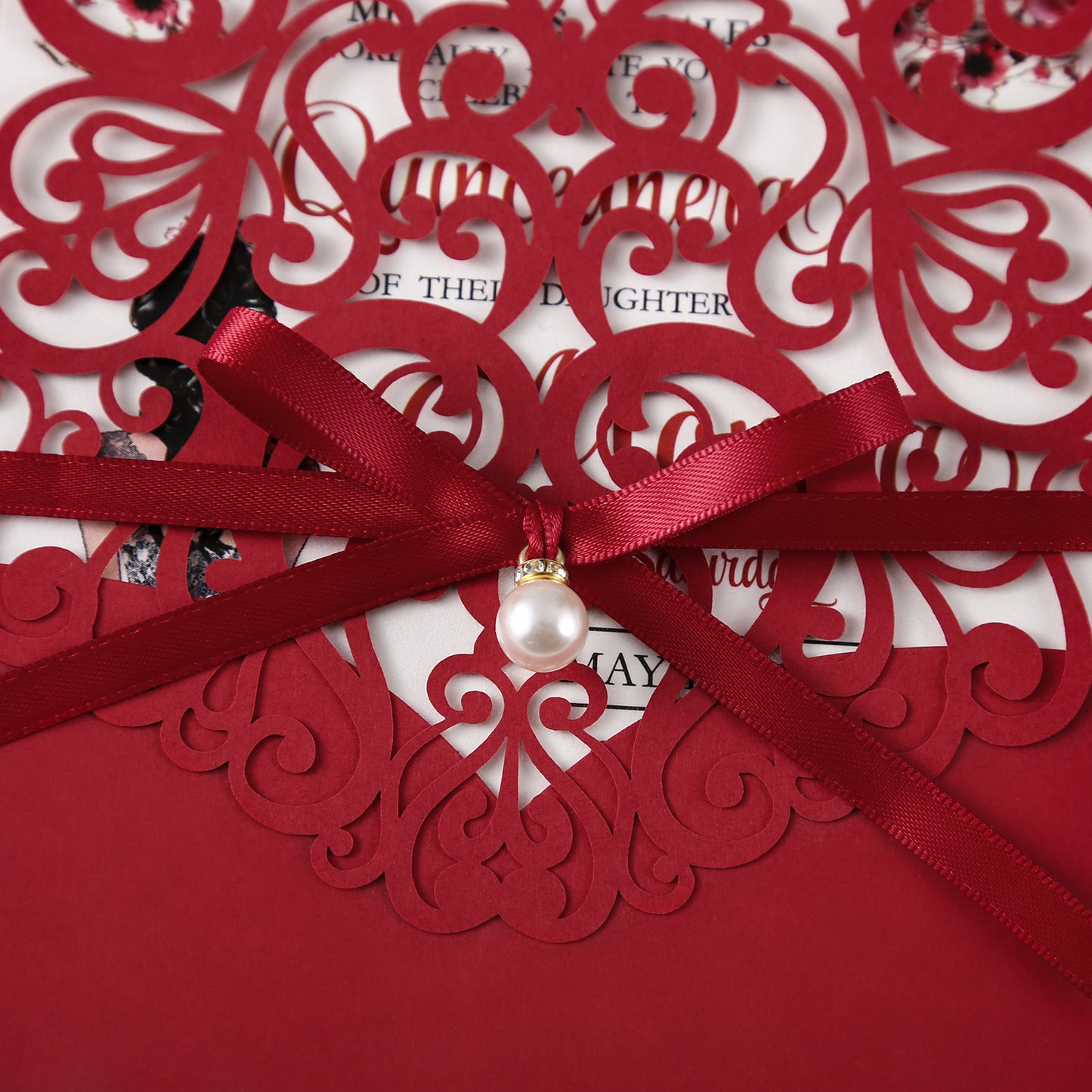 Red Floral Laser cut invitation cards with ribbon belly band and pearl for Quinceanera - DorisHome