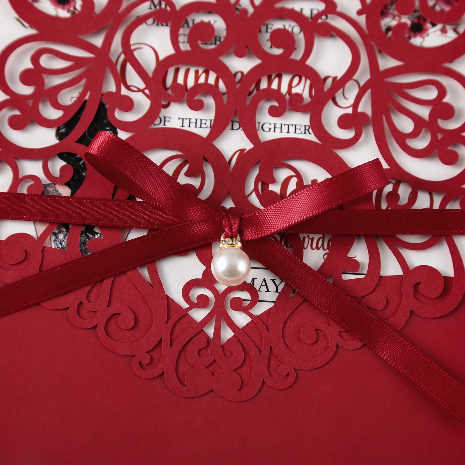 Red Floral Laser cut invitation cards with ribbon belly band and pearl for Quinceanera - DorisHome