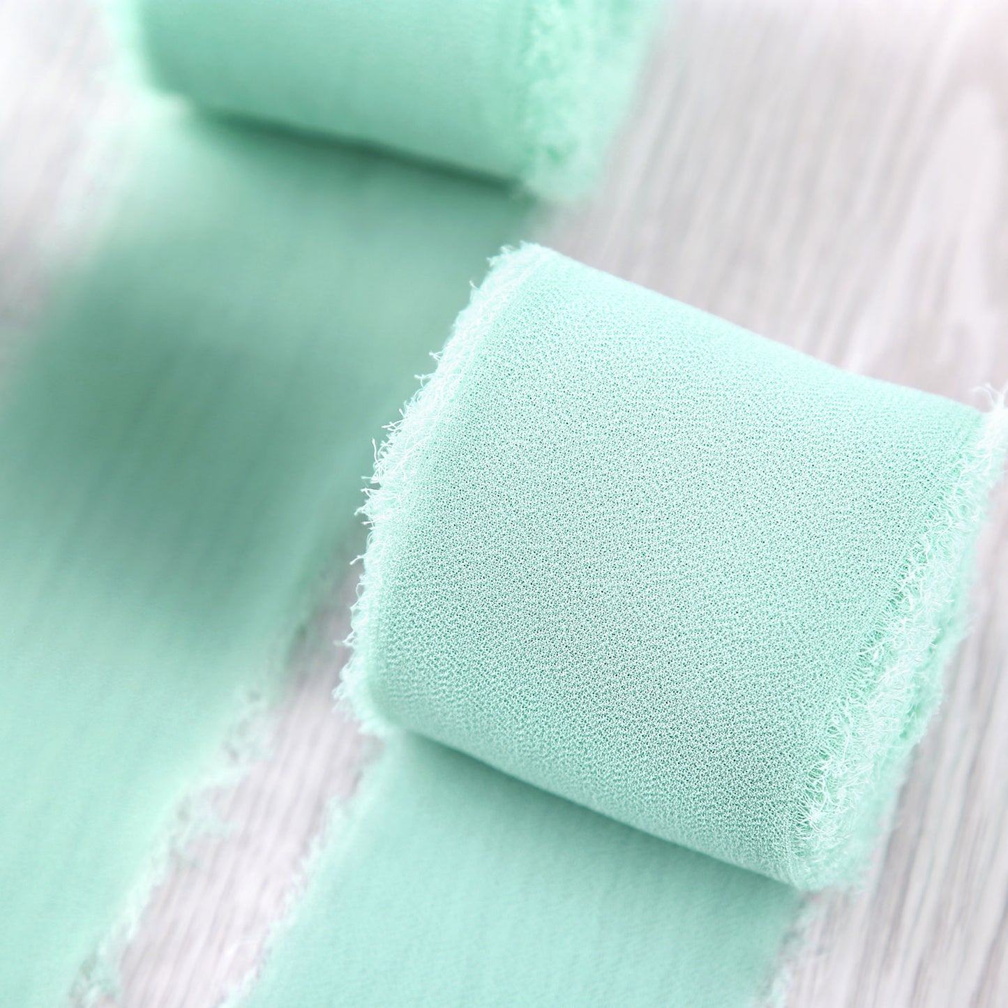 DORIS HOME Handmade Fringe Chiffon Silk-Like Ribbon 2" x 7Yd Set of 3 Rolls Ribbons for Wedding Invitations, Bouquets, Gift Wrapping (3 Rolls Mint Green)