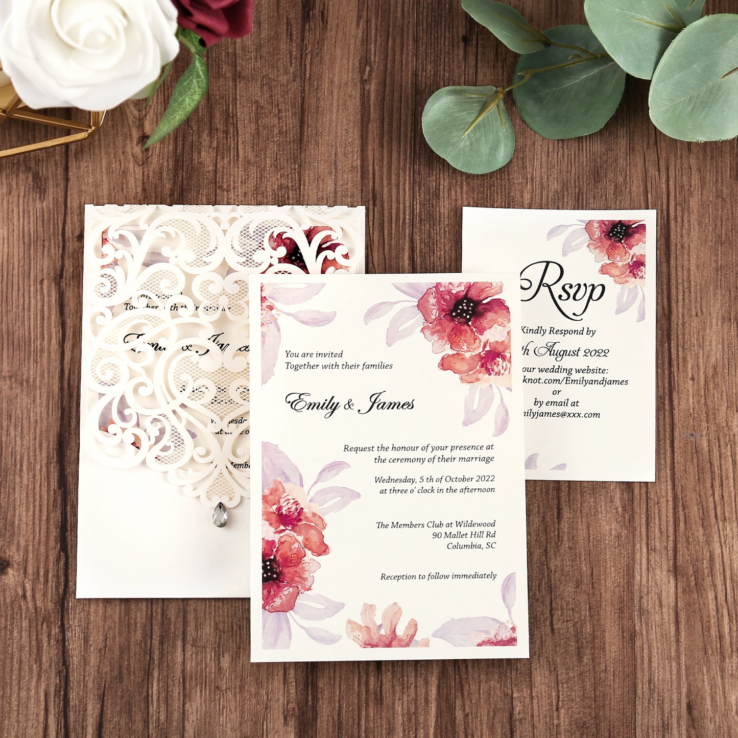 Vertical Ivory White Wedding Invitation With Rhinestone & Laser Cut Flower