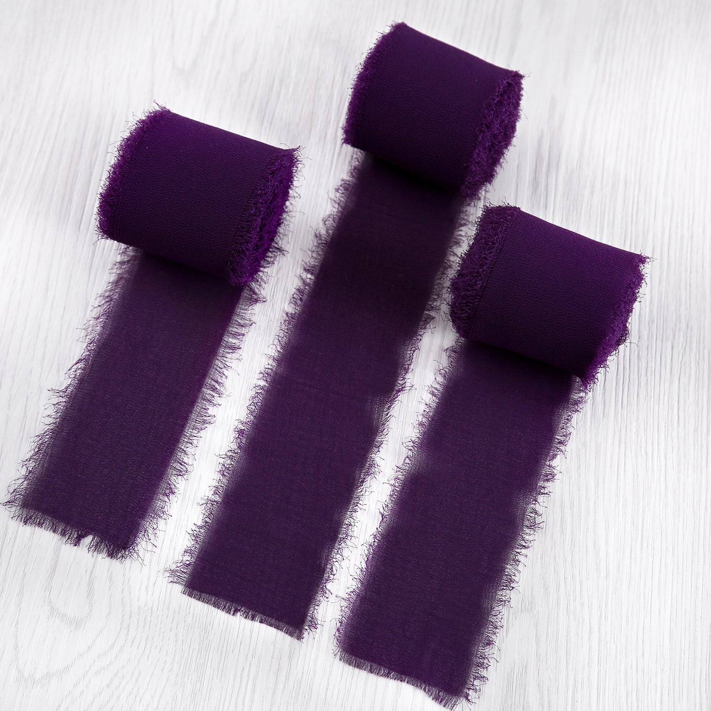 Handmade Fringe Chiffon Silk-Like Ribbon 2" x 7Yd Set of 3 Rolls Ribbons for Wedding Invitations, Bouquets, Gift Wrapping (3 Rolls Plum)