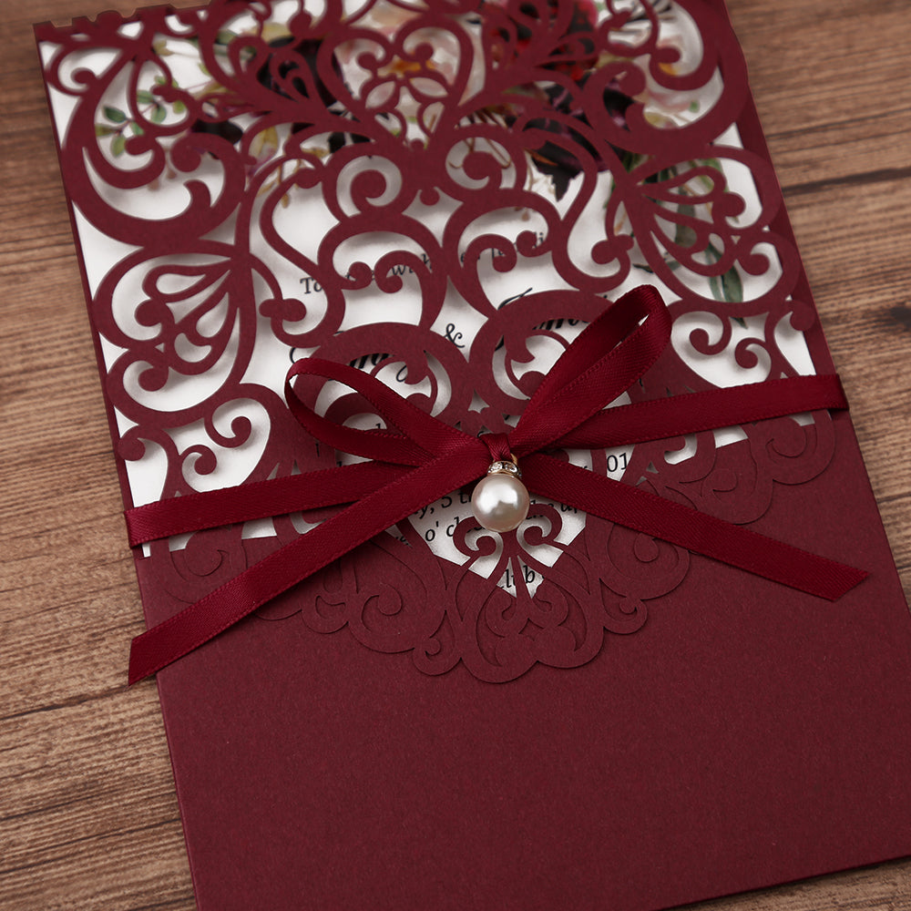 Burgundy Floral Laser cut invitation cards with ribbon bellyb band and pearl for wedding - DorisHome