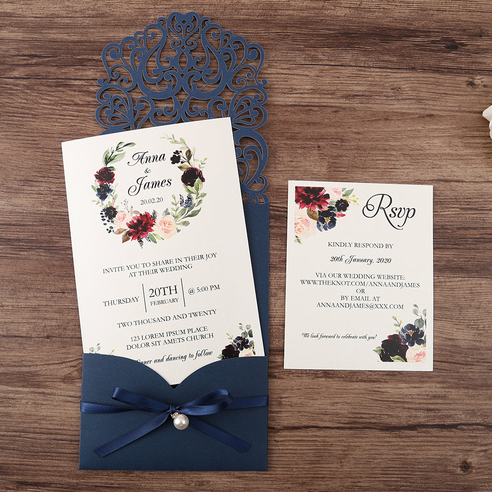 Navy Blue Pearl Pendant Floral Laser cut invitation cards for Wedding Anniversary - DorisHome