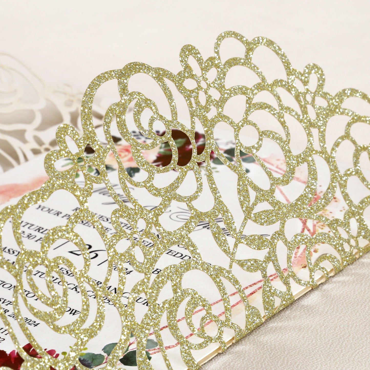 Gold Glitter Floral Laser cut invitation cards with Burgundy Ribbon and Pearl for Wedding Anniversary