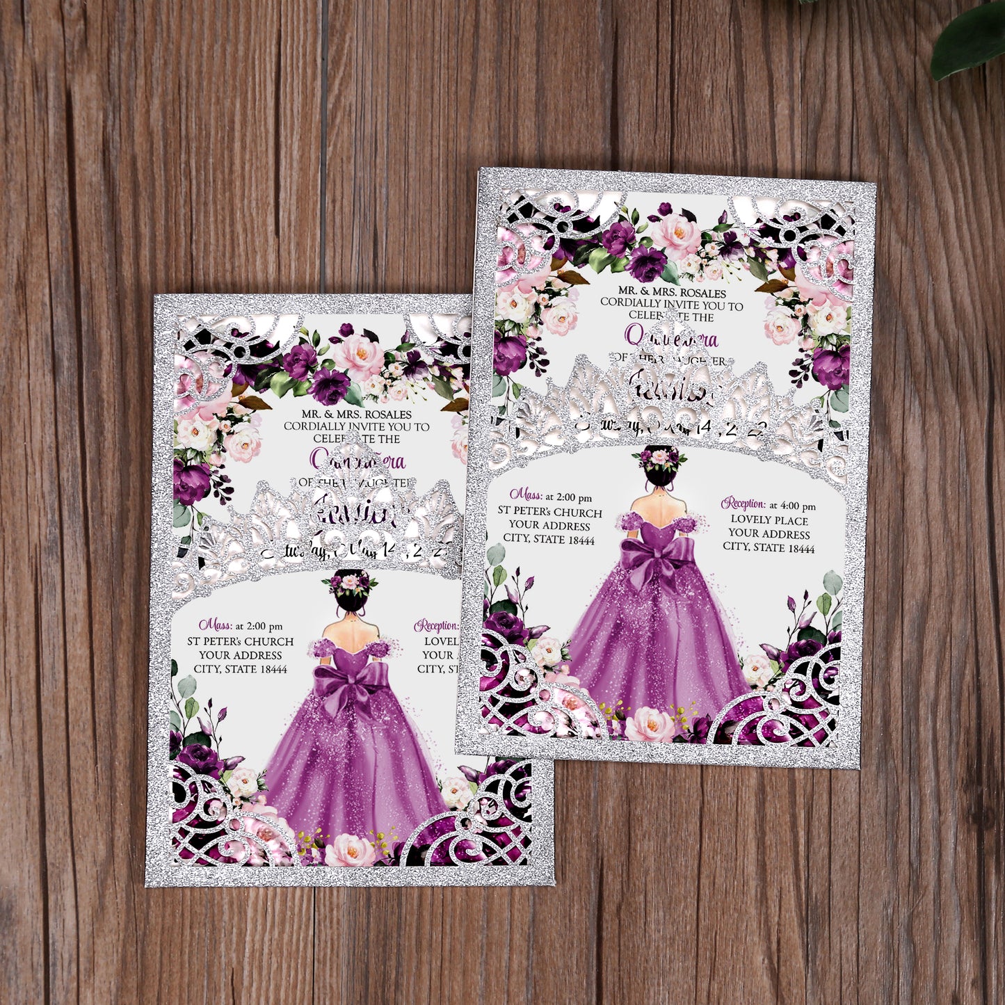 DreamBuilt Silver Glitter Invitations Purple Greeting Cards For Quinceanera
