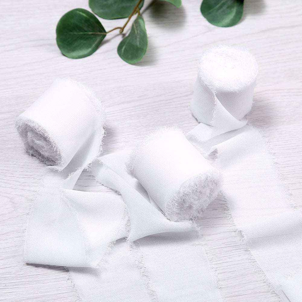 Handmade Fringe Chiffon Silk-Like Ribbon 2" x 7Yd Set of 3 Rolls Ribbons for Wedding Invitations, Bouquets, Gift Wrapping (3 Rolls White) - DorisHome